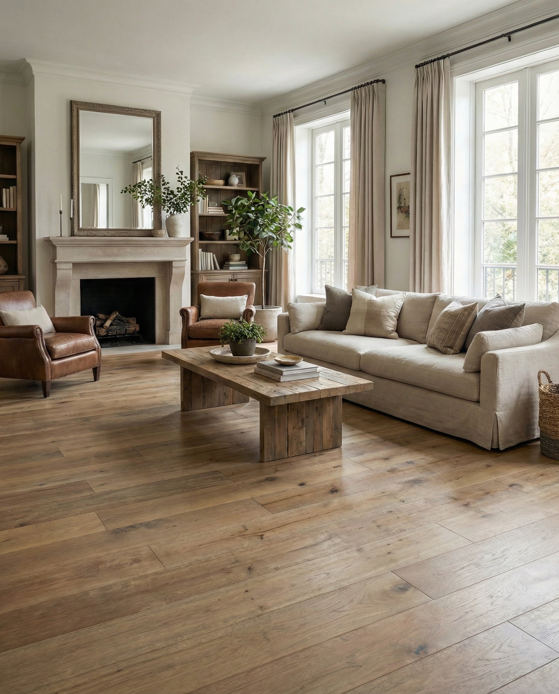 Pièce lumineuse avec parquet clair, canapé beige, fauteuils en cuir marron et cheminée, ambiance chaleureuse