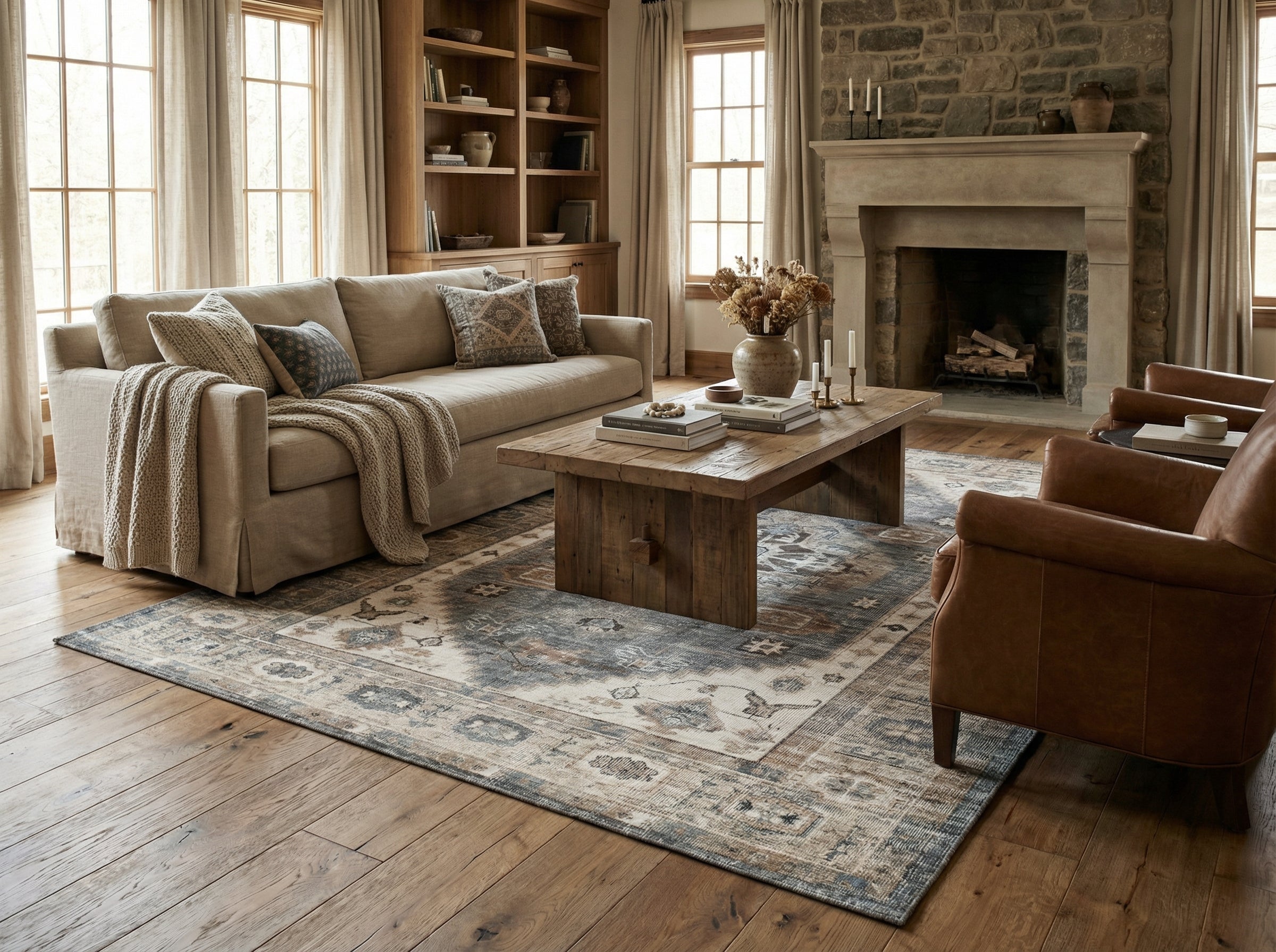 Tapis rectangulaire beige et bleu dans un salon, ambiance chaleureuse et décor rustique