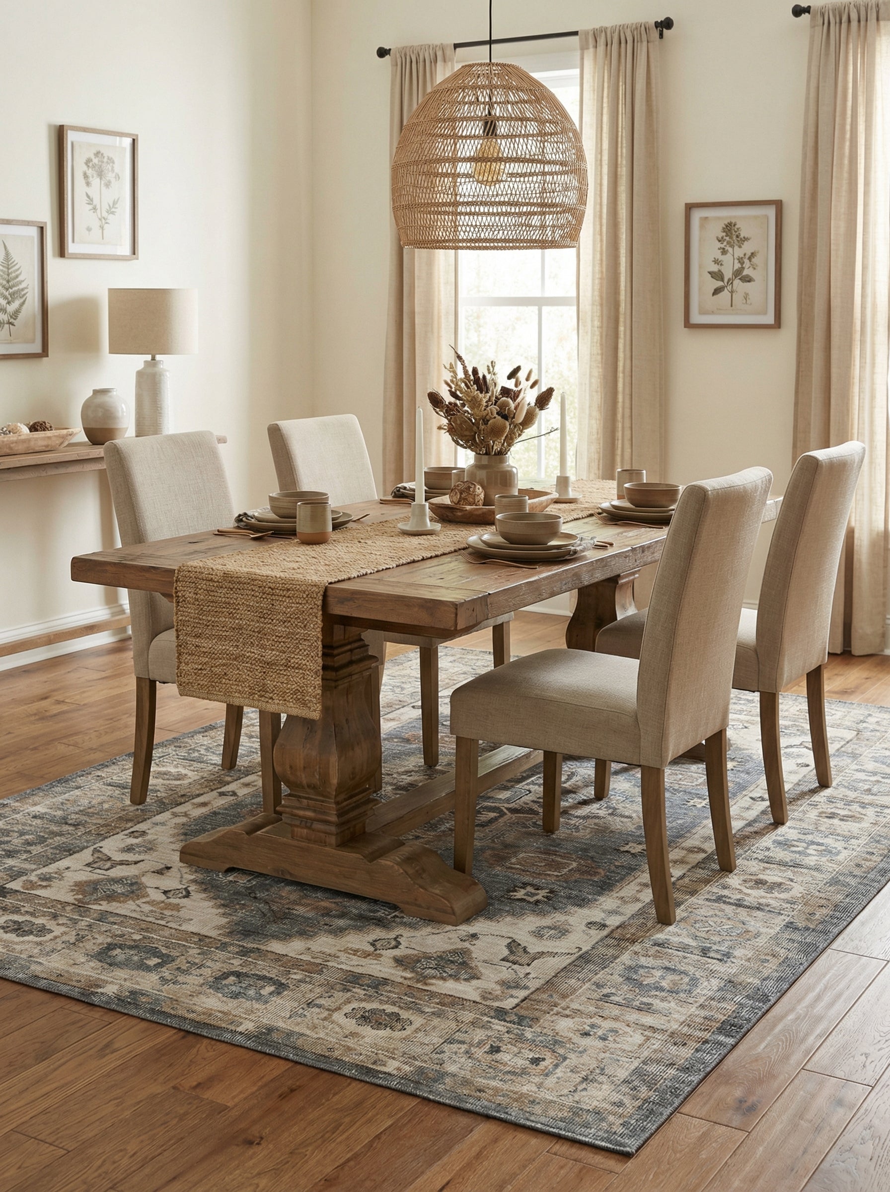 Tapis rectangulaire beige et bleu. Définit l'espace repas, ambiance conviviale