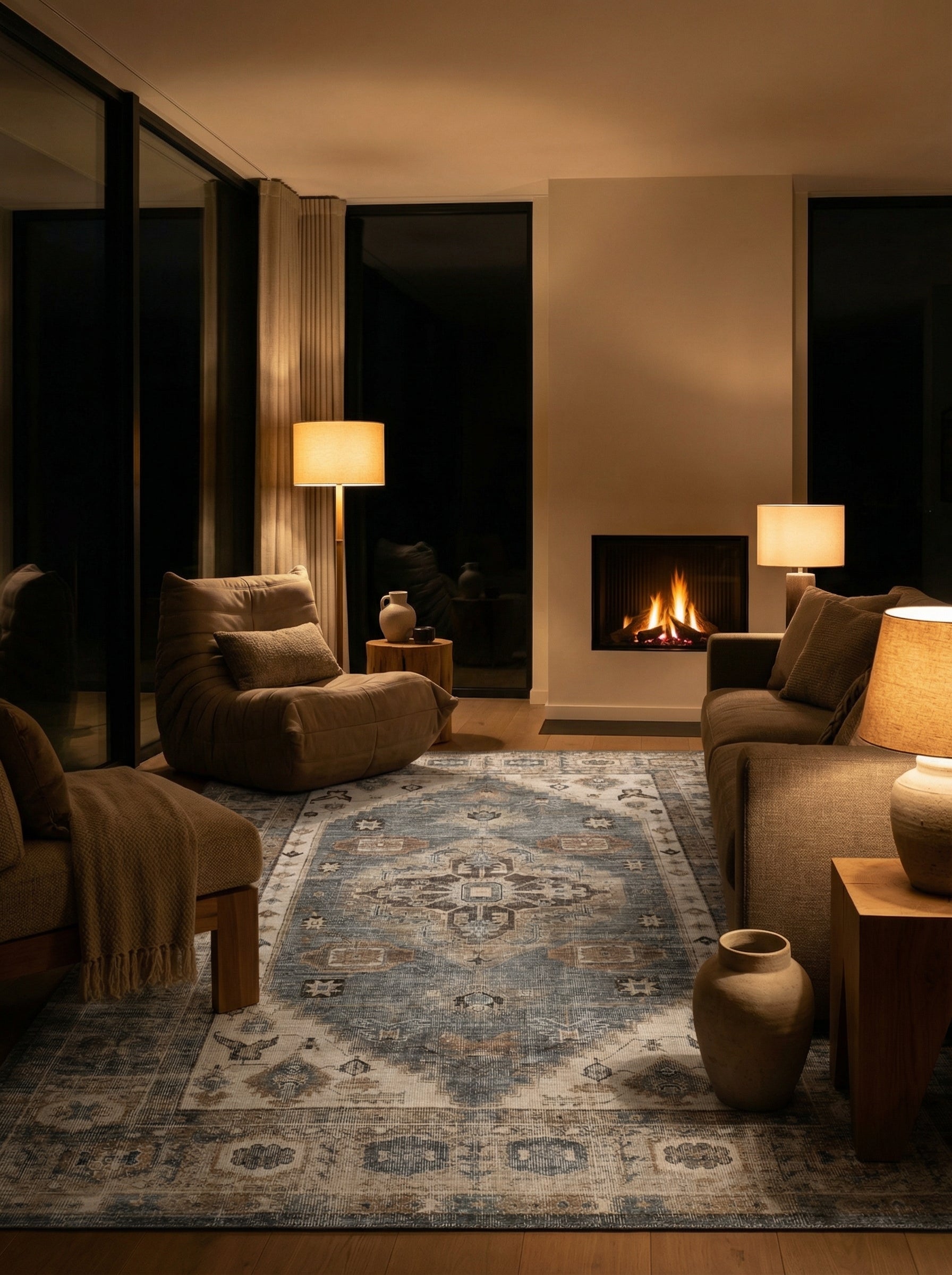 Tapis rectangulaire beige et bleu dans une pièce à l'éclairage doux. Atmosphère chaleureuse et tamisée