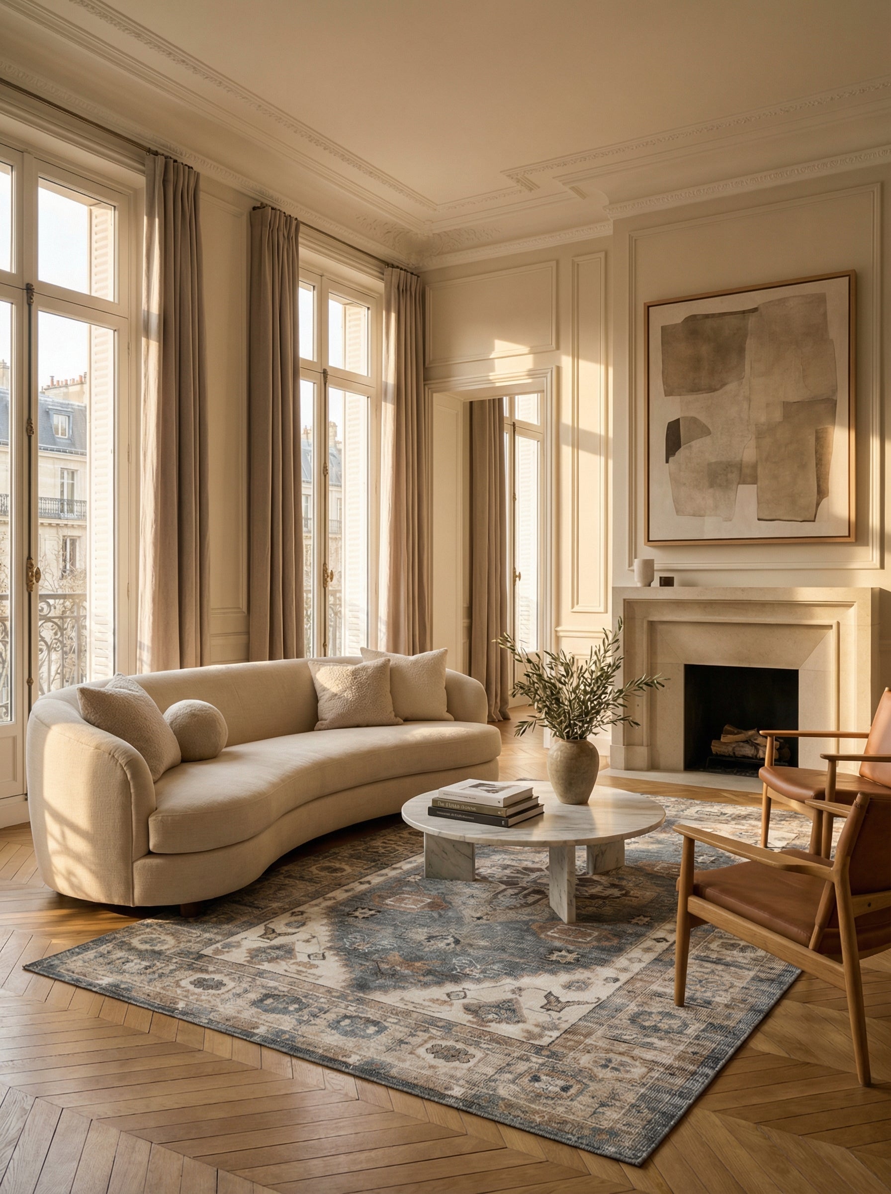 Tapis rectangulaire beige et bleu, ambiance chaleureuse et élégante dans un salon
