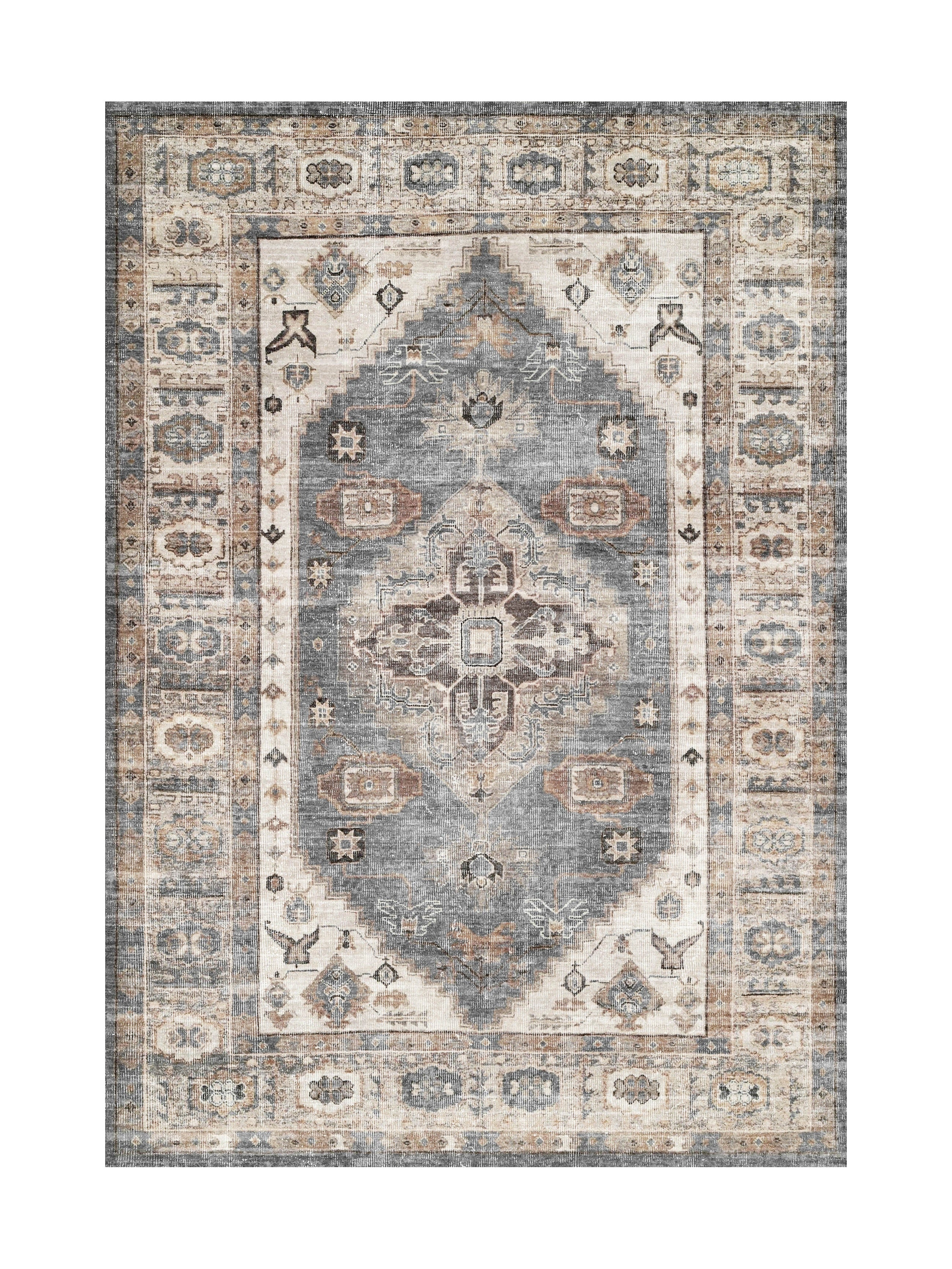 Tapis rectangulaire de style persan avec motif central bleu et beige, bordure marron, ambiance chaleureuse