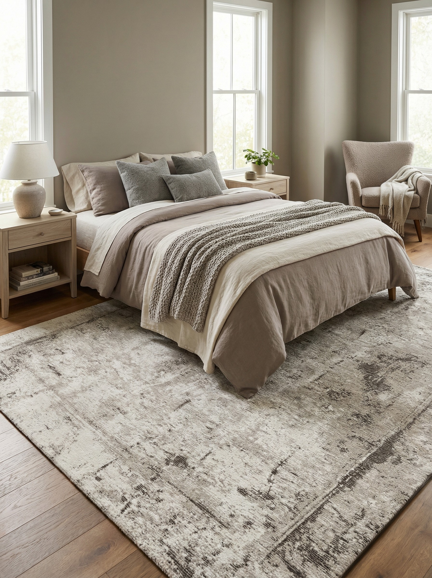Tapis rectangulaire beige et ambre. Douceur et confort pour une ambiance reposante dans la chambre
