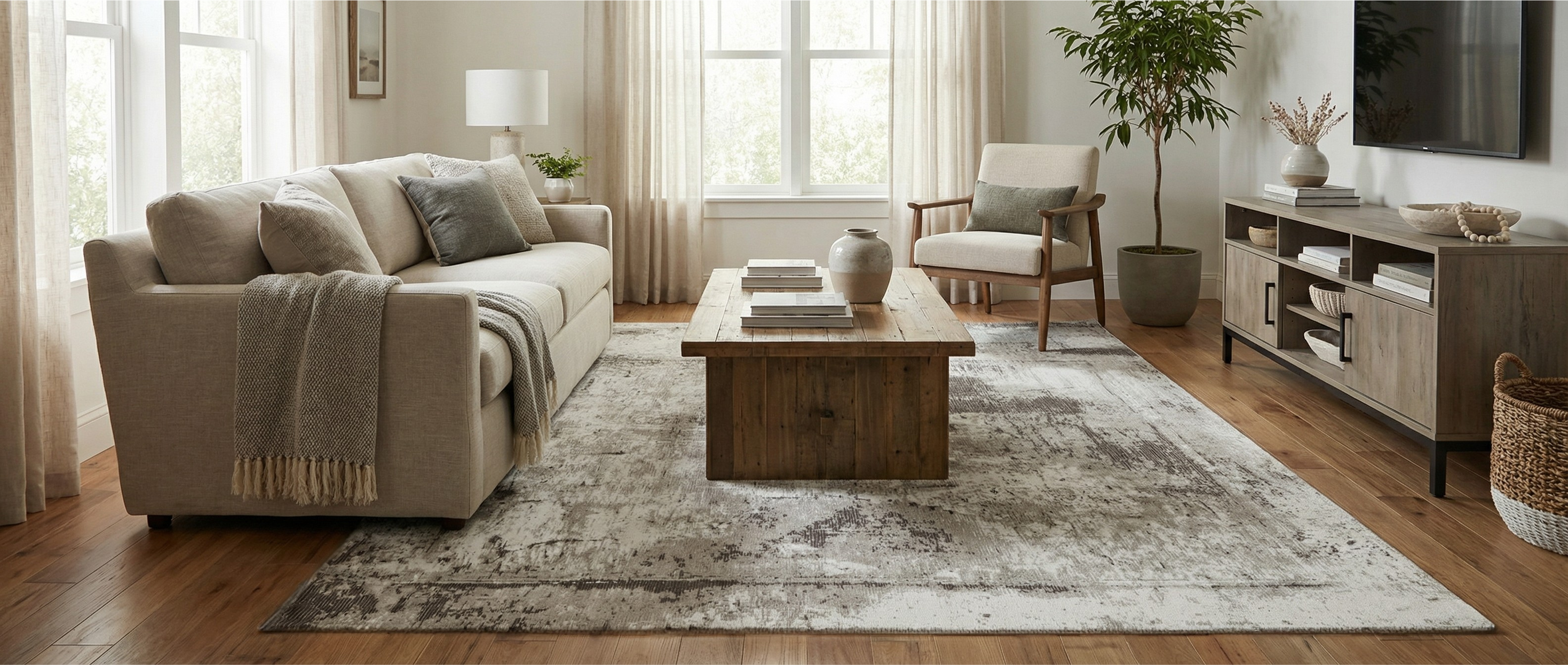 Le tapis rectangulaire beige et gris transforme la pièce. Il crée une harmonie douce et chaleureuse