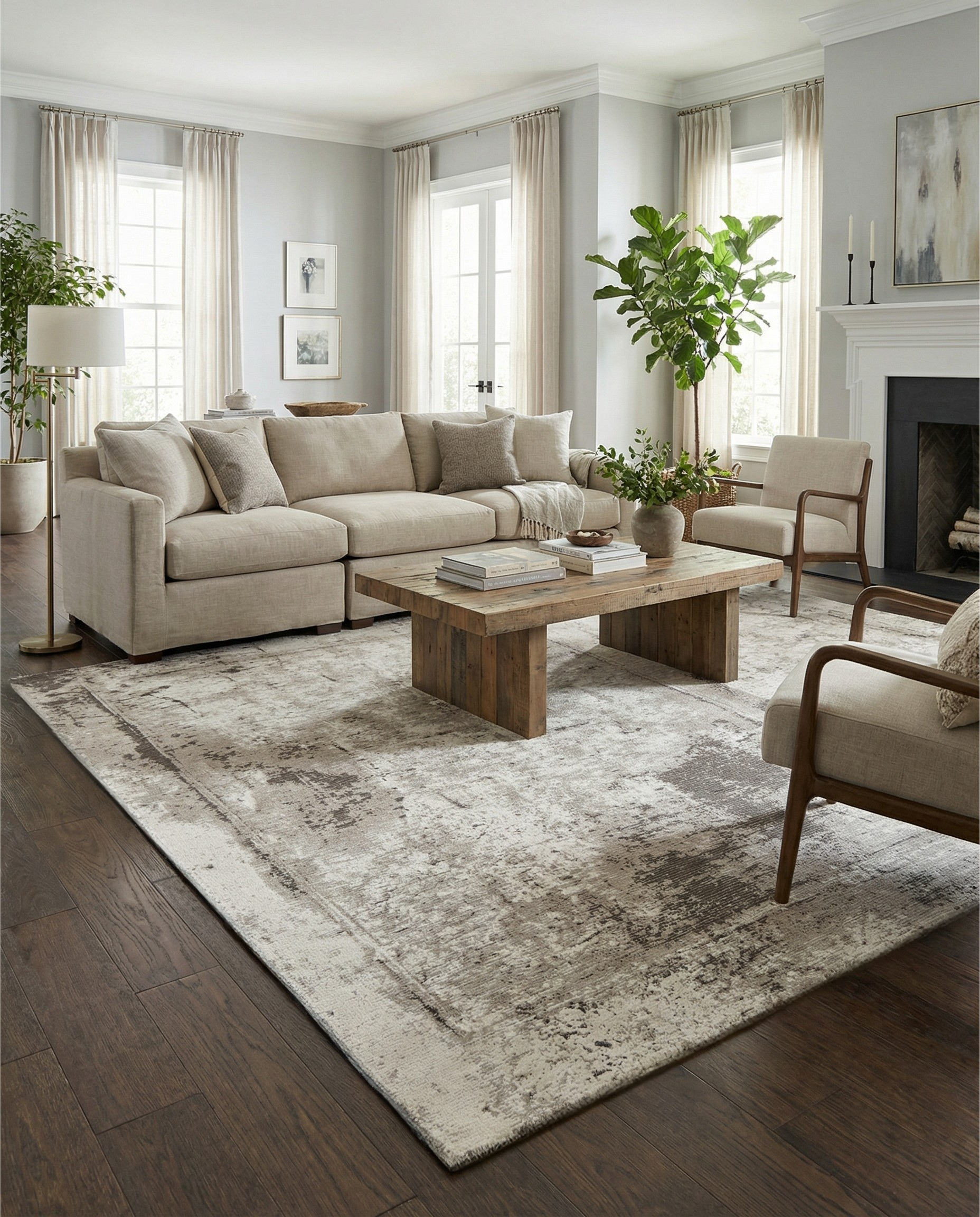 Tapis rectangulaire beige et gris dans une pièce lumineuse. Il adoucit l'ambiance et apporte du confort