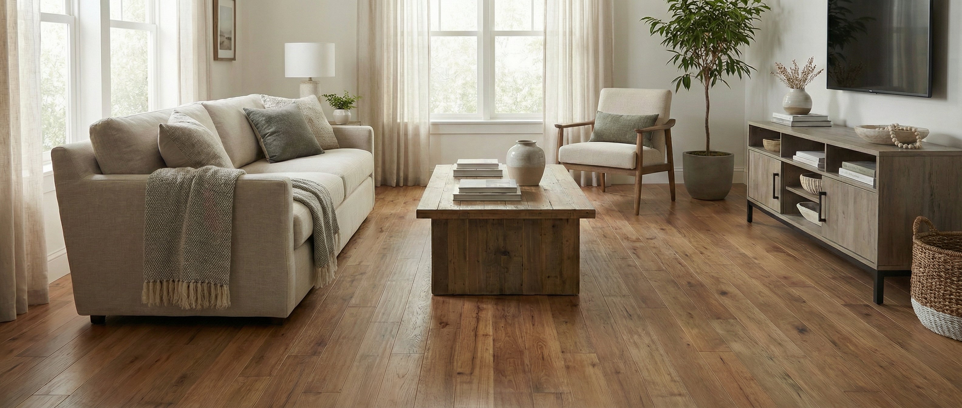 Pièce lumineuse avec plancher de bois. Canapé beige, fauteuil, table basse en bois. Potentiel déco pour un tapis