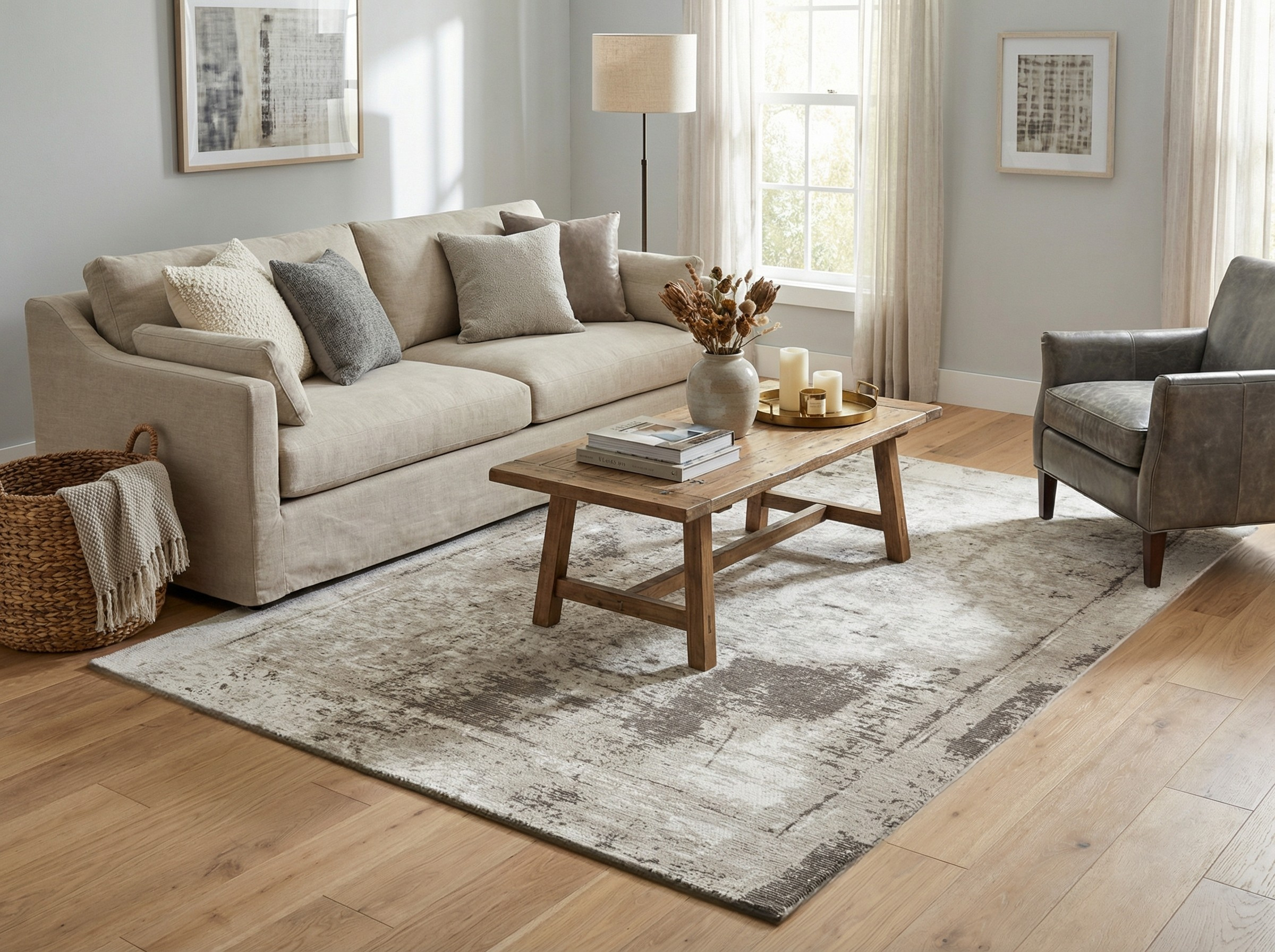 Tapis rectangulaire beige et gris, style déco épuré. Crée une ambiance chaleureuse dans le salon
