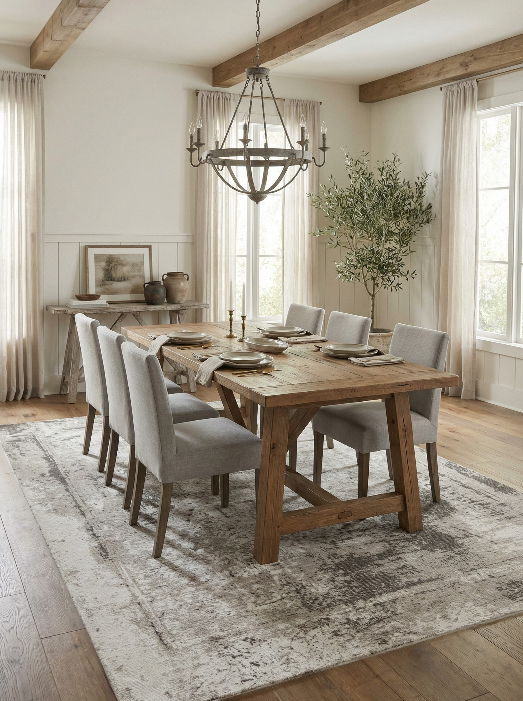 Tapis rectangulaire beige sous la table à manger, définissant l'espace repas, ambiance chaleureuse et conviviale