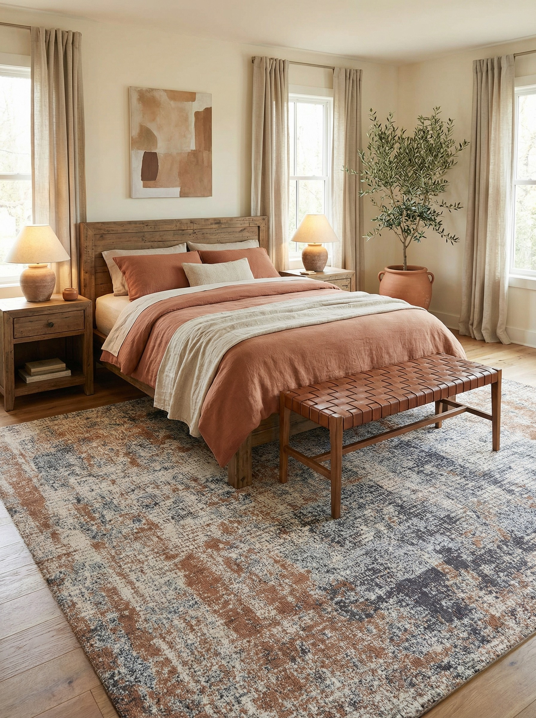 Tapis rectangulaire beige et ambre, doux et confortable, dans une chambre. Ambiance reposante