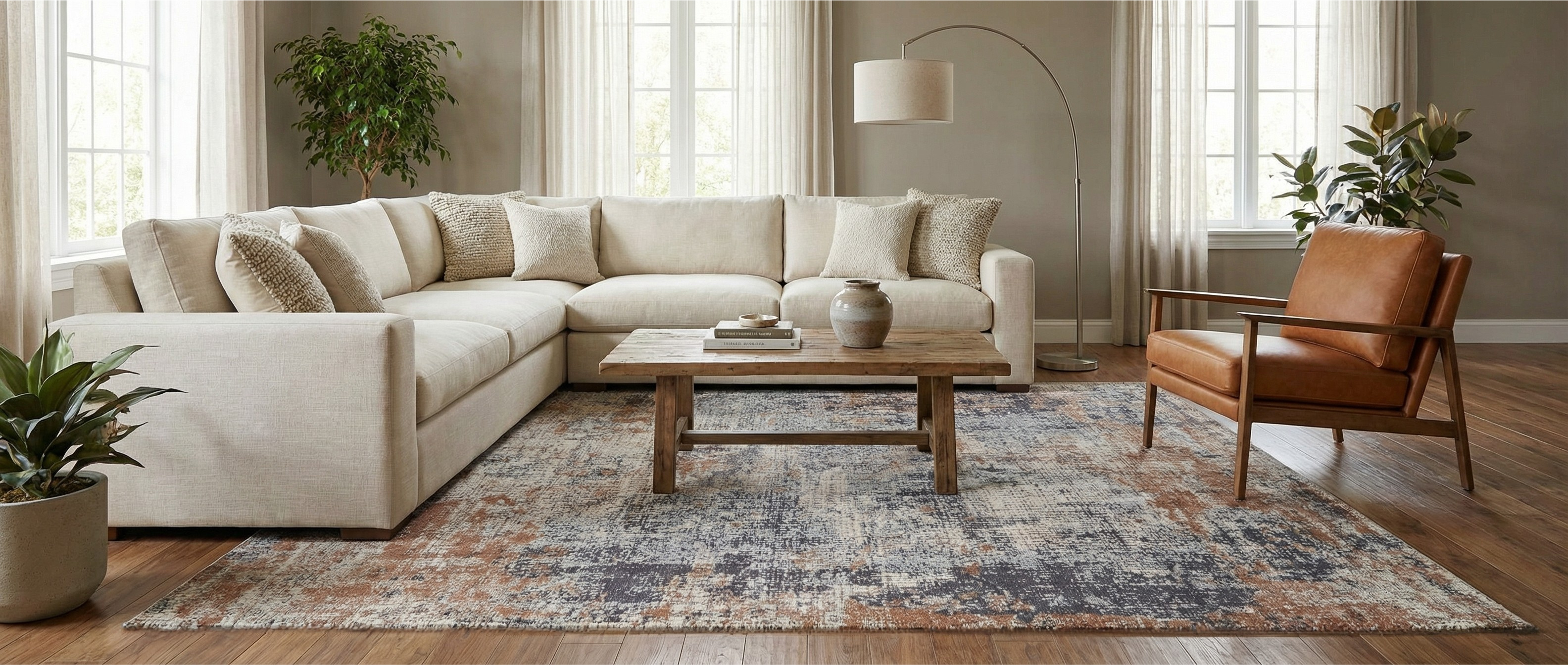 Le tapis rectangulaire crée une transformation. Couleurs beiges, bleues et rouille, harmonie dans la pièce, ambiance