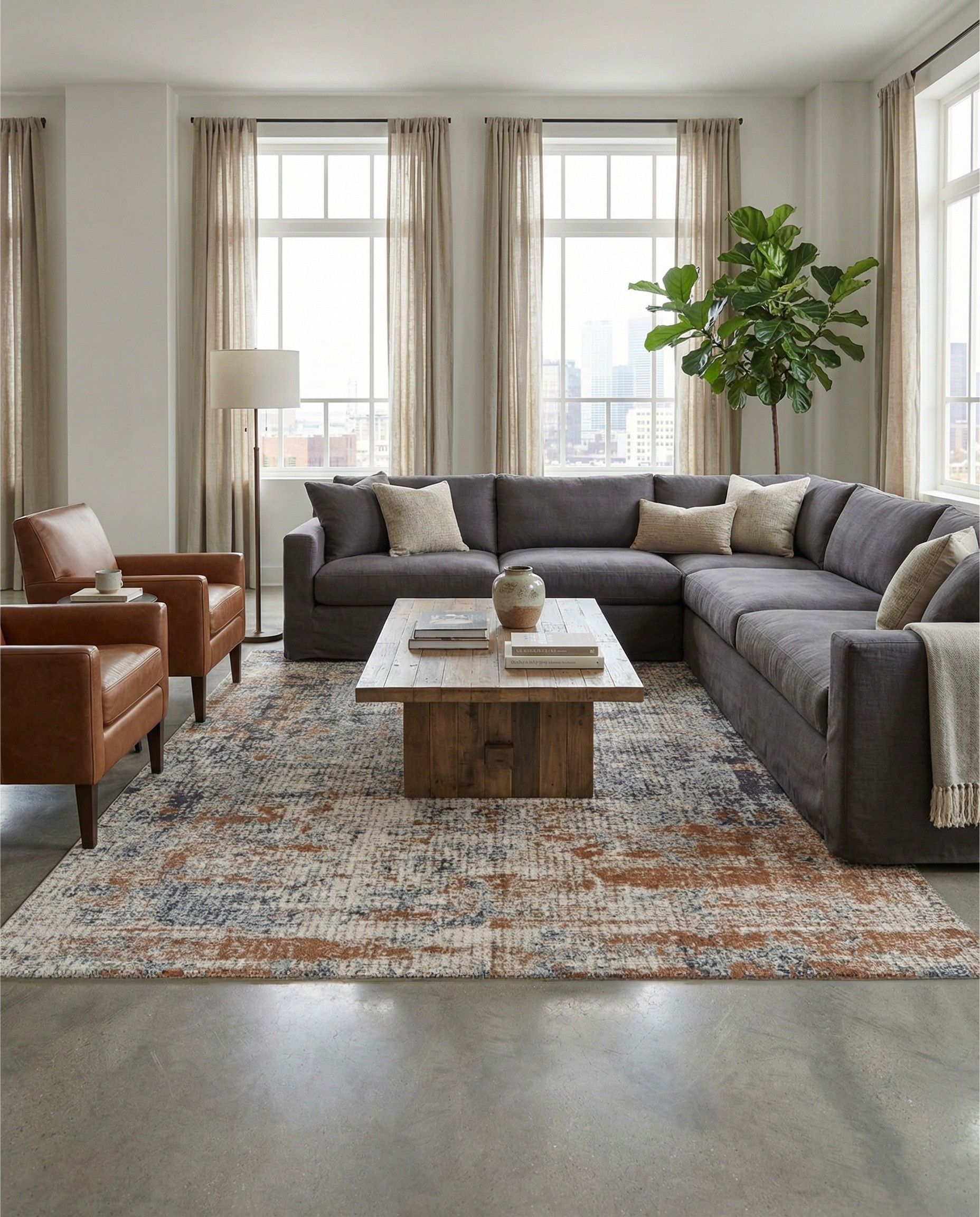 Tapis rectangulaire beige, marron et bleu, ambiance chaleureuse dans la pièce