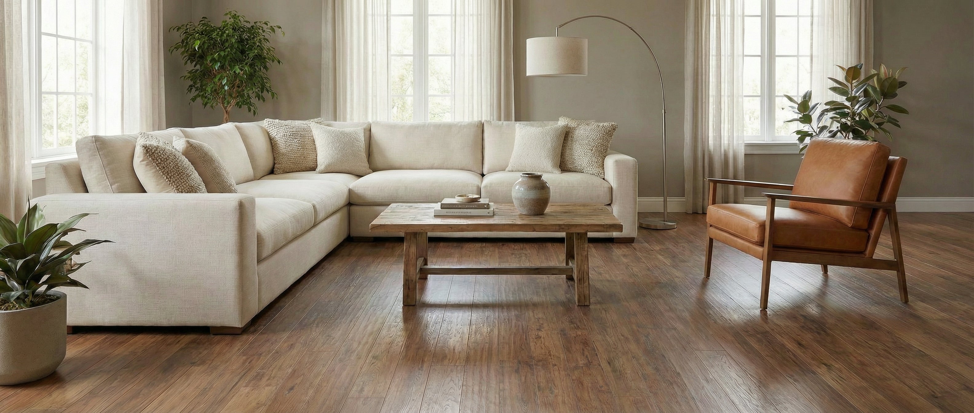 Pièce lumineuse avec un canapé beige et un fauteuil en cuir. Sol en bois foncé. Espace vide pour un tapis rectangulaire