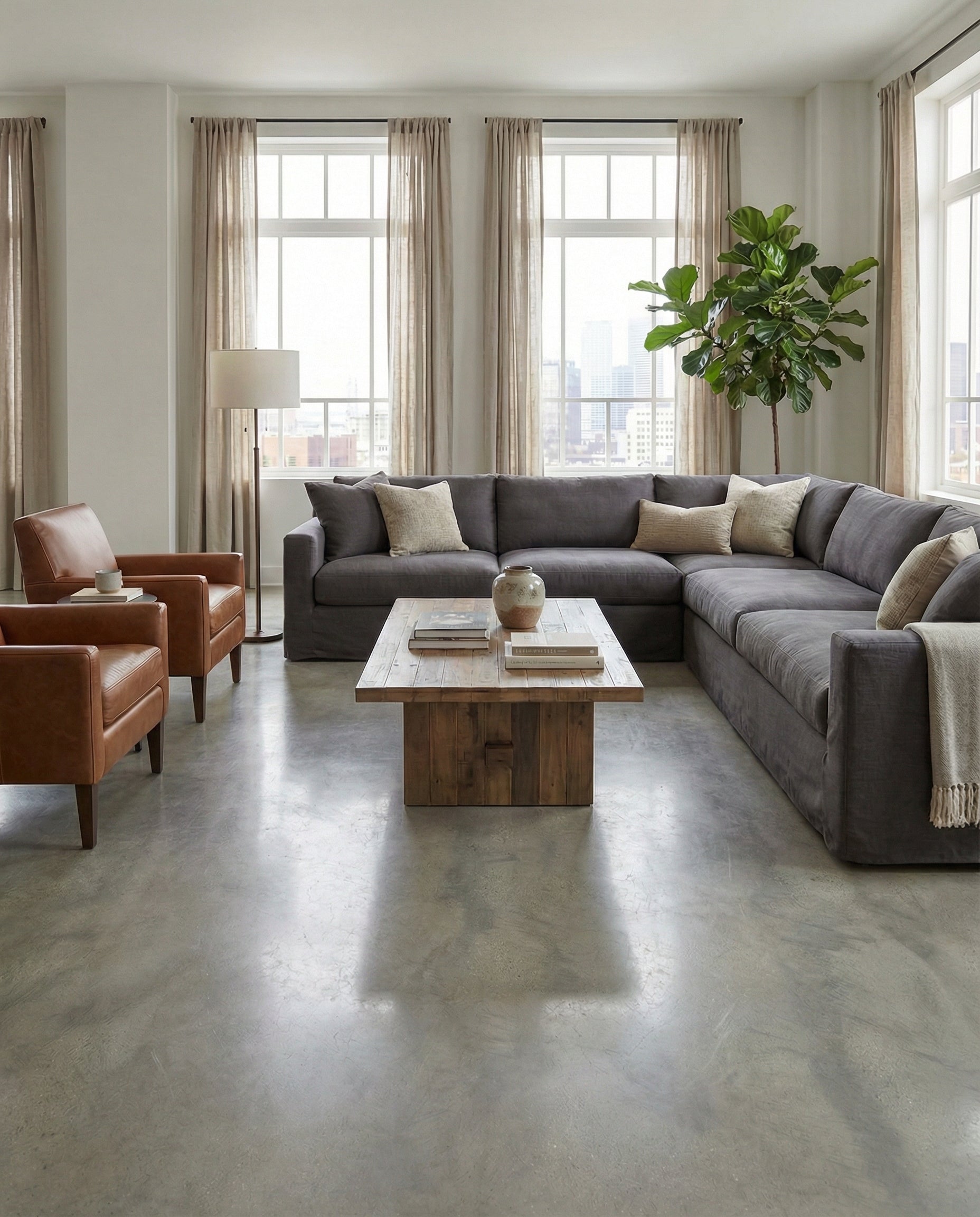 Pièce avec canapé gris, fauteuils marron, sol gris clair, fenêtres, rideaux beiges, ambiance lumineuse, espace à transformer