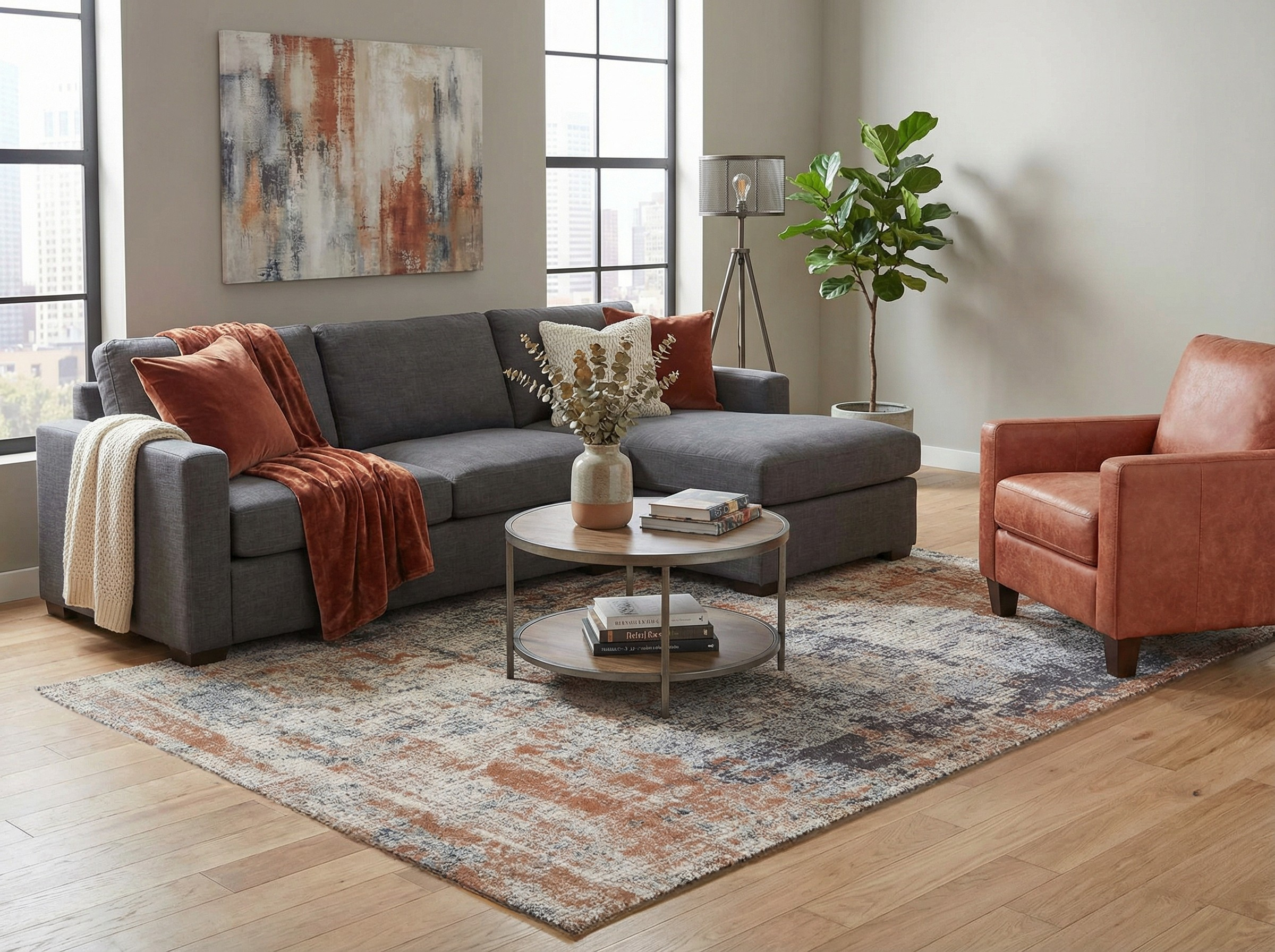 Tapis rectangulaire beige et rouille, style déco chaleureux dans un salon. Ambiance cocooning