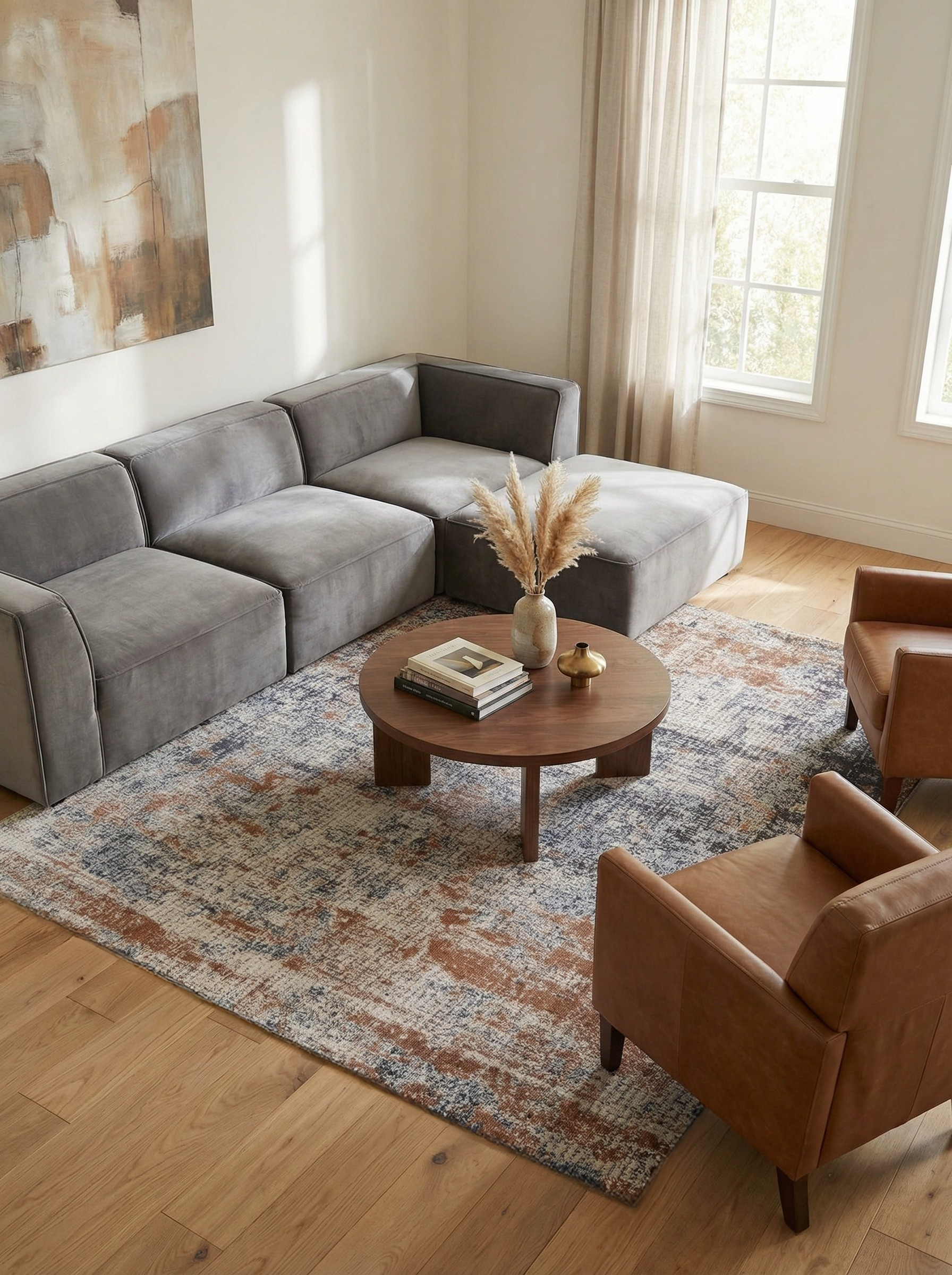 Tapis rectangulaire beige, bleu et marron dans un salon. Ambiance chaleureuse et harmonie avec le décor