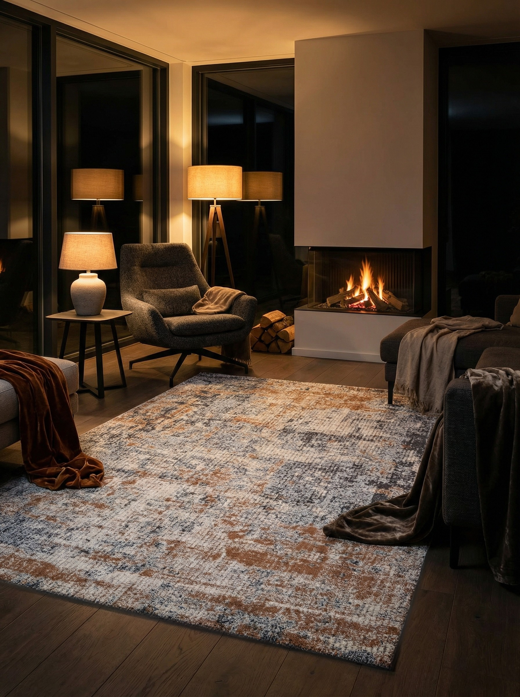 Tapis rectangulaire beige, marron et bleu dans une pièce tamisée. Éclairage doux, atmosphère chaleureuse