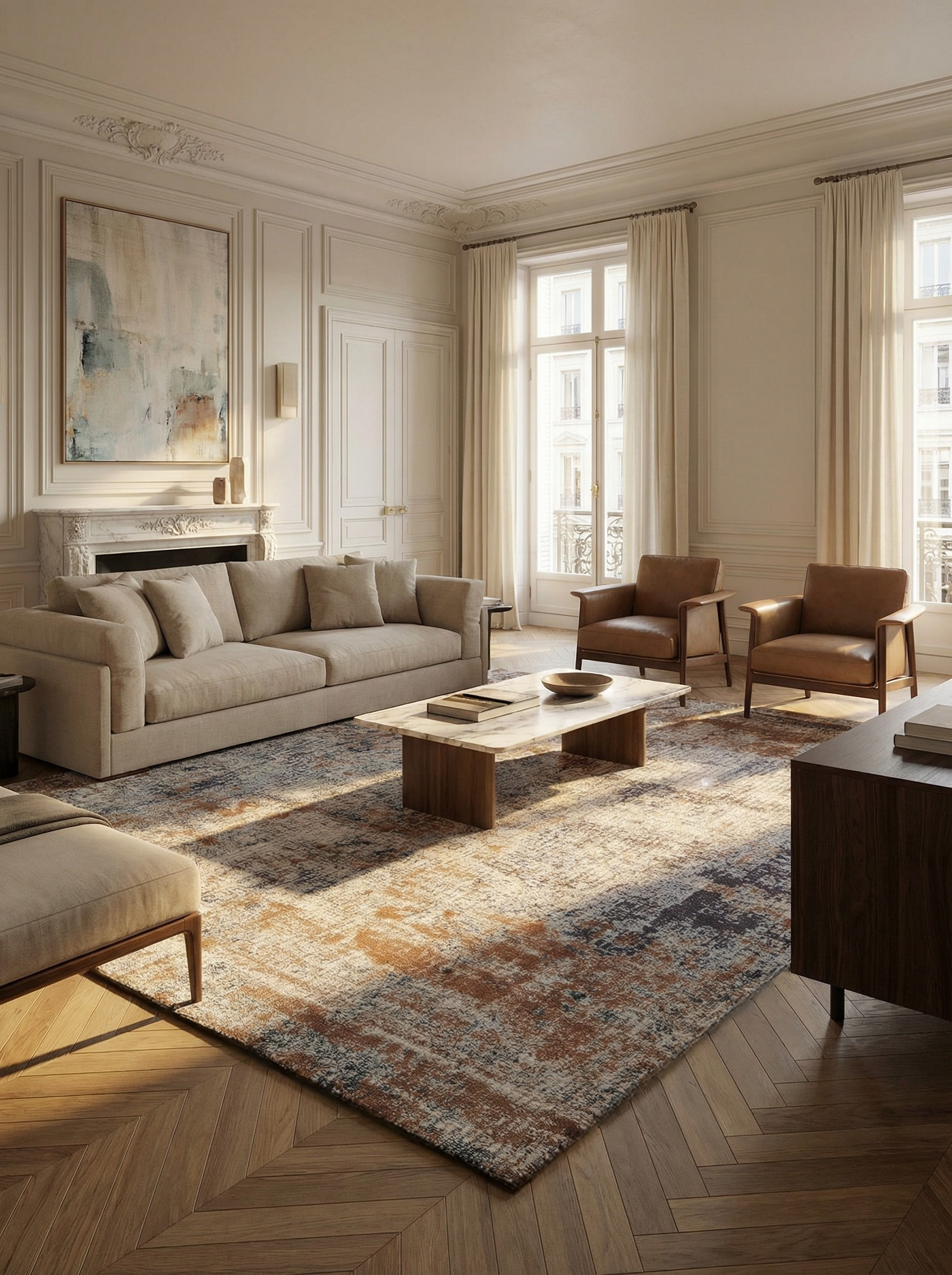 Tapis rectangulaire beige et brun, ambiance conviviale et élégante dans le salon, motifs abstraits