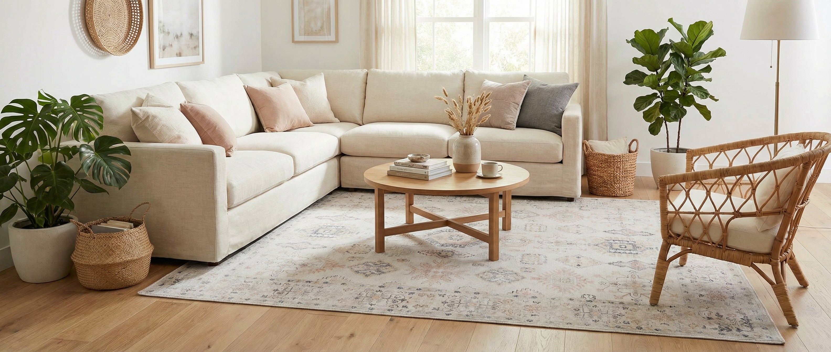 Tapis rectangulaire beige et rose, harmonie créée dans la pièce, ambiance chaleureuse