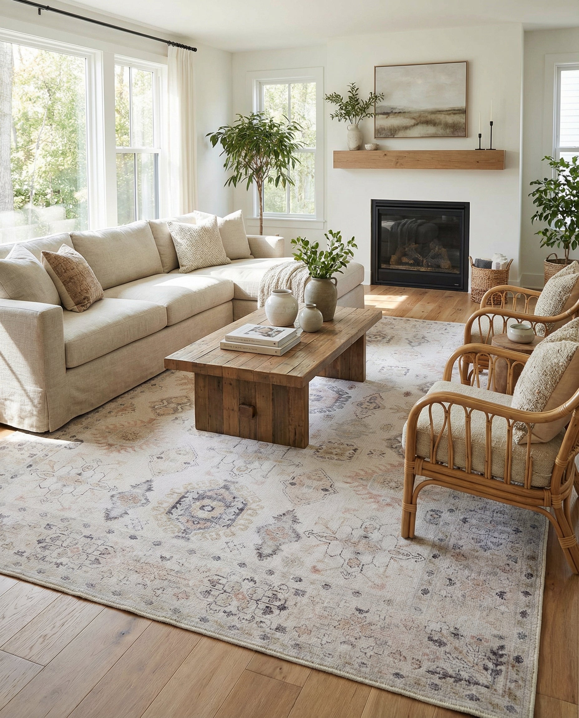 Tapis rectangulaire beige et couleurs douces, pièce chaleureuse. Le tapis apporte confort et harmonie à l'ambiance