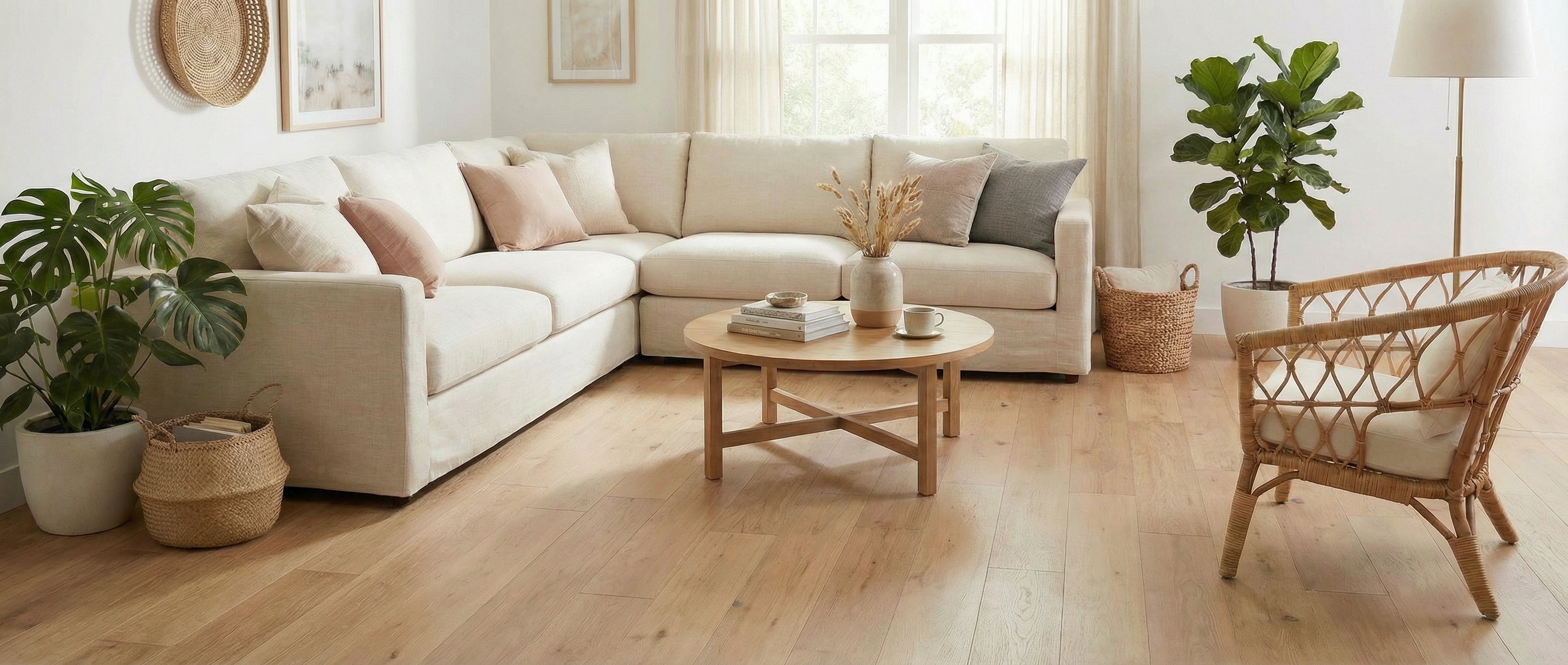 Pièce lumineuse avec canapé beige, fauteuil rotin, plantes et parquet clair. Espace vide pour un tapis rectangulaire