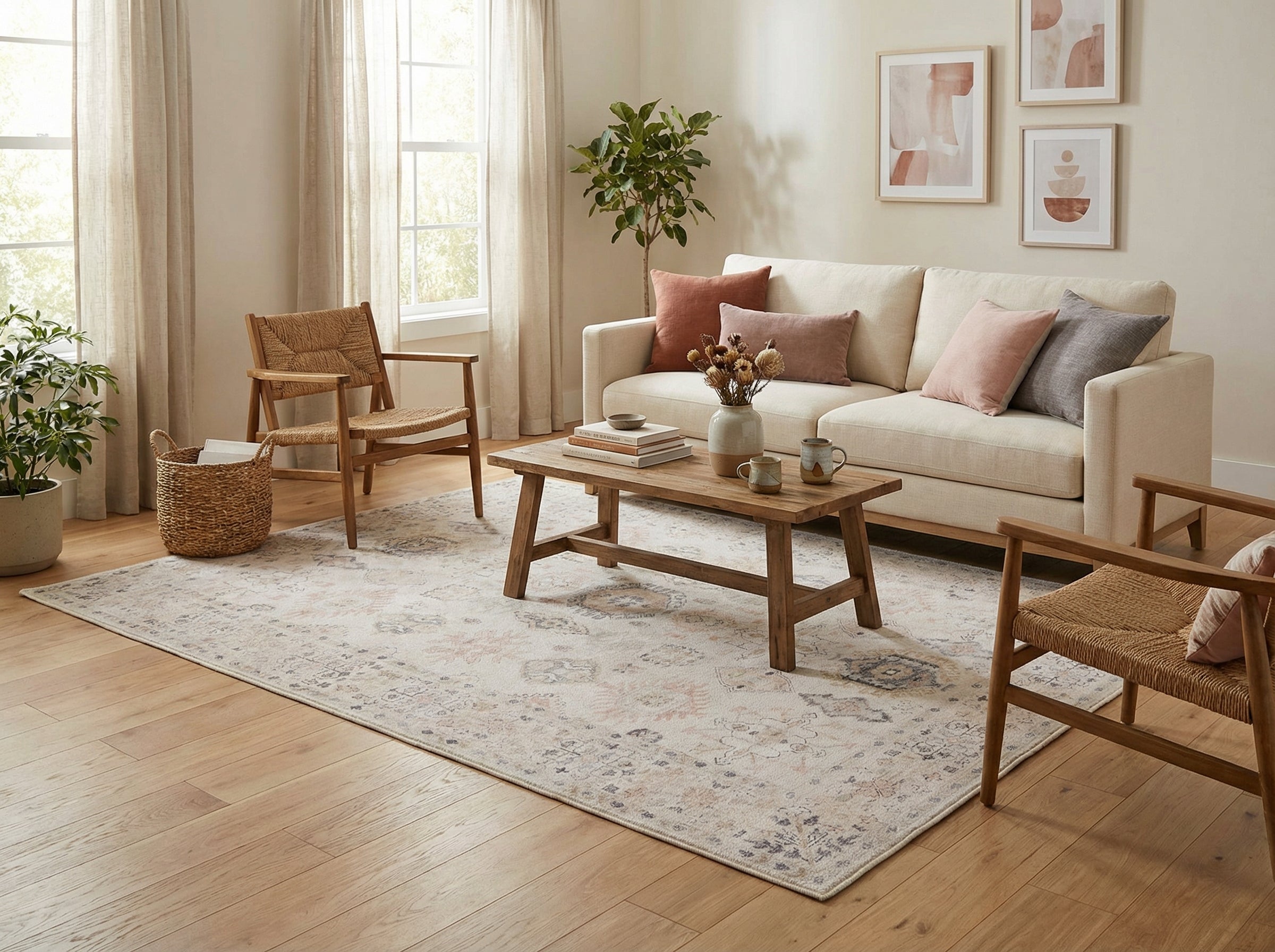 Tapis rectangulaire beige et rose dans un salon. Style déco bohème, ambiance chaleureuse et lumineuse