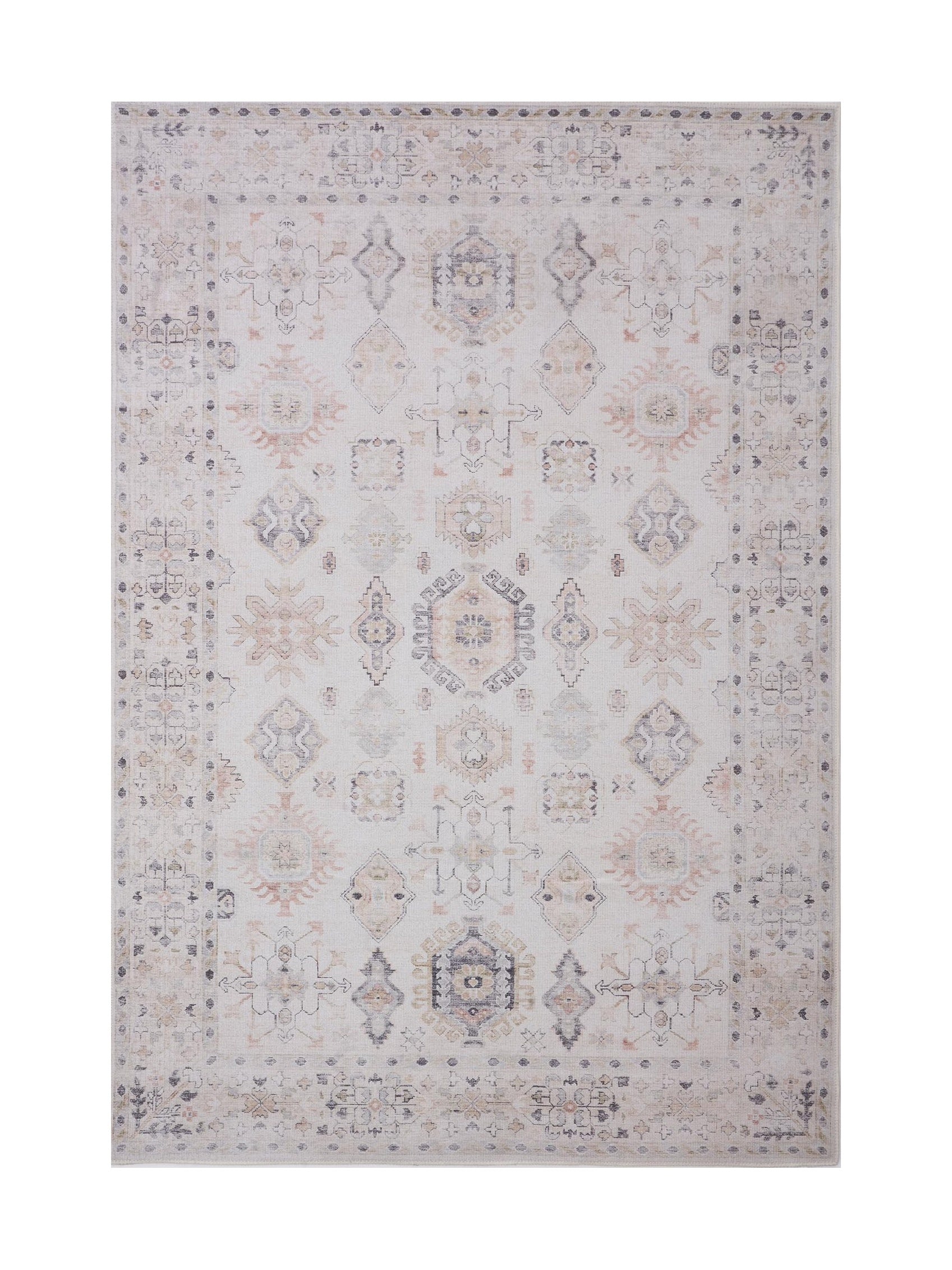Tapis rectangulaire beige à motifs géométriques dans des tons pêche et gris, style vintage