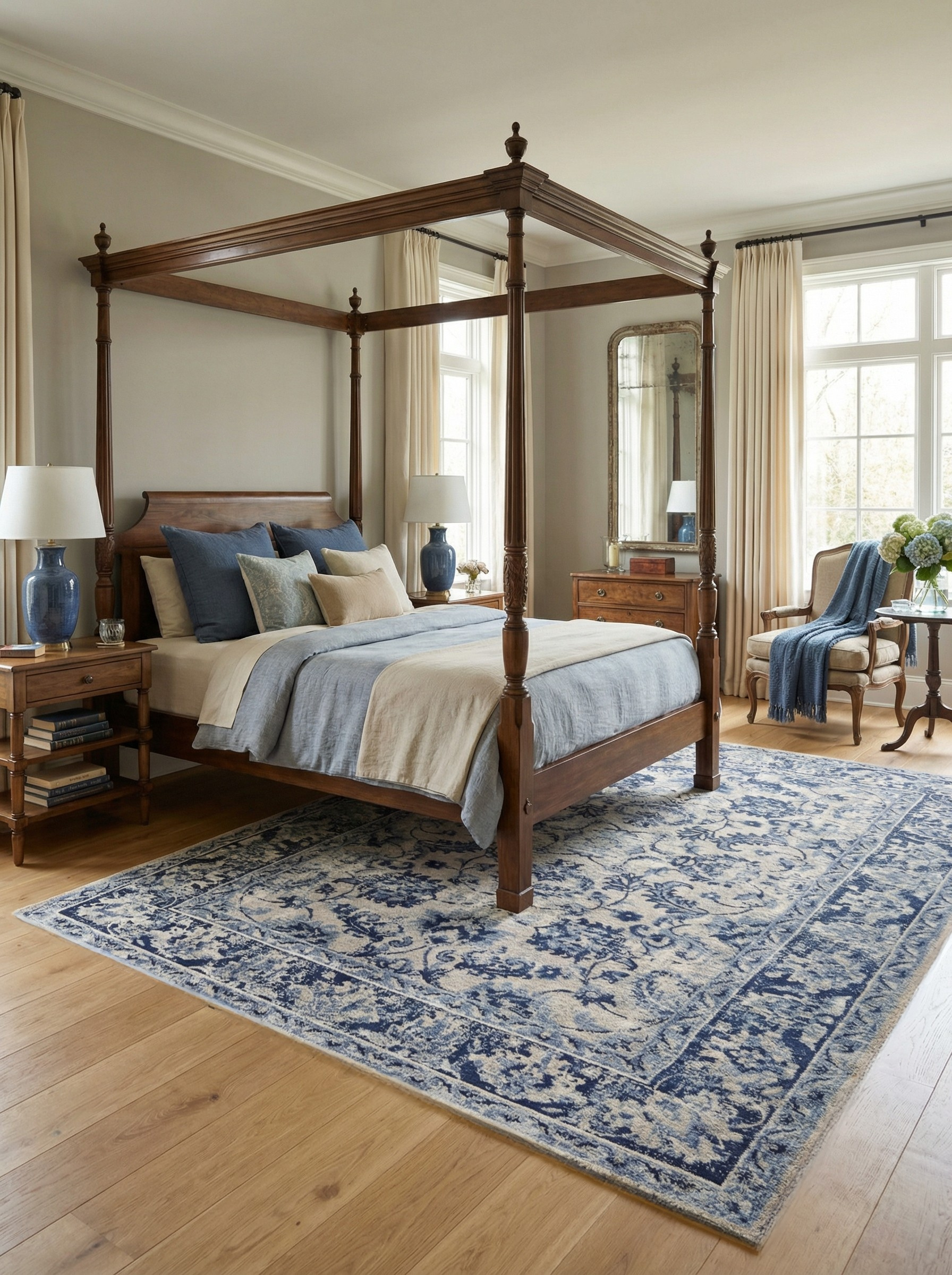 Tapis rectangulaire bleu et beige. Douceur et confort dans une chambre, ambiance reposante