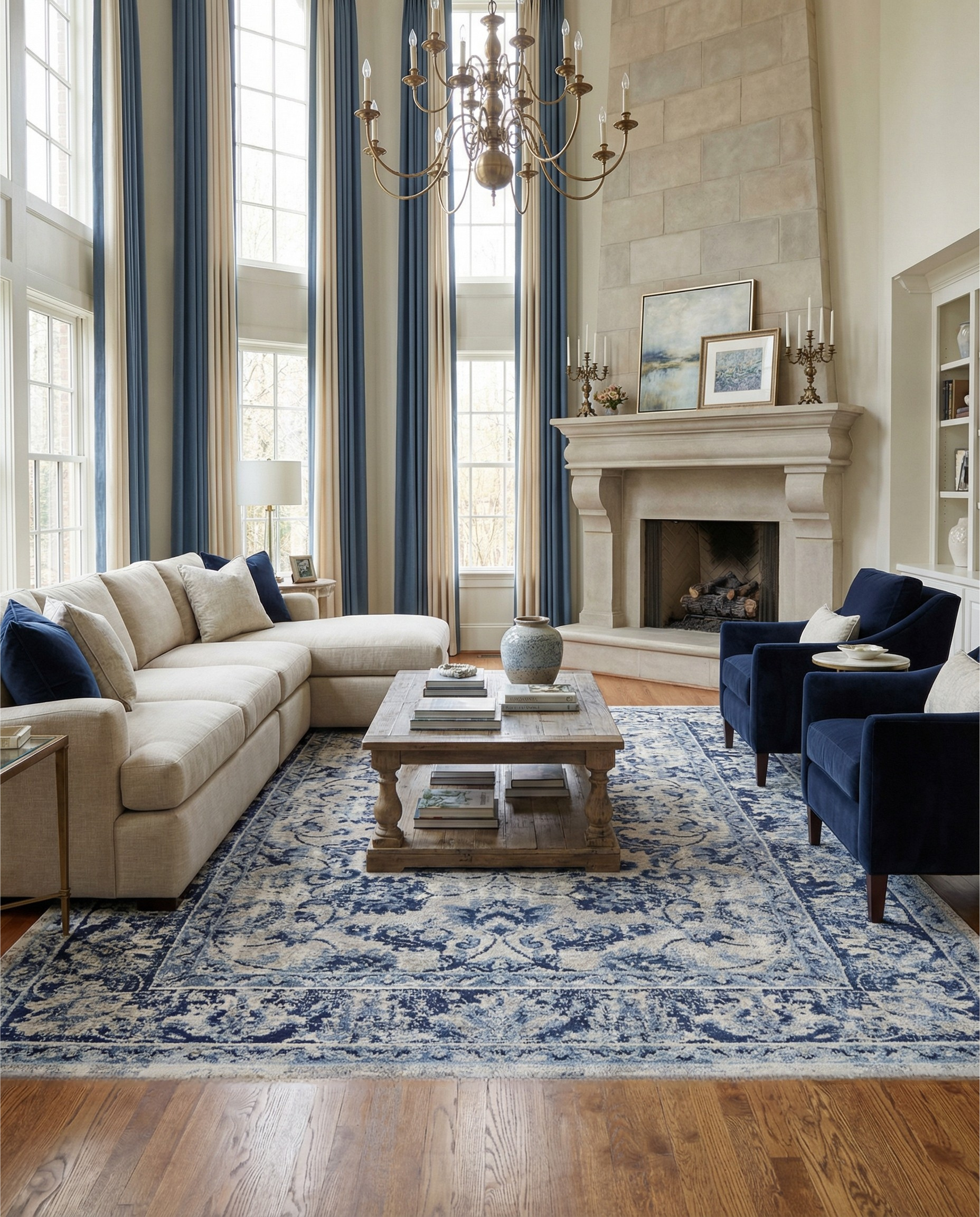 Tapis rectangulaire bleu et blanc crée une ambiance chaleureuse dans la pièce, complétant le décor