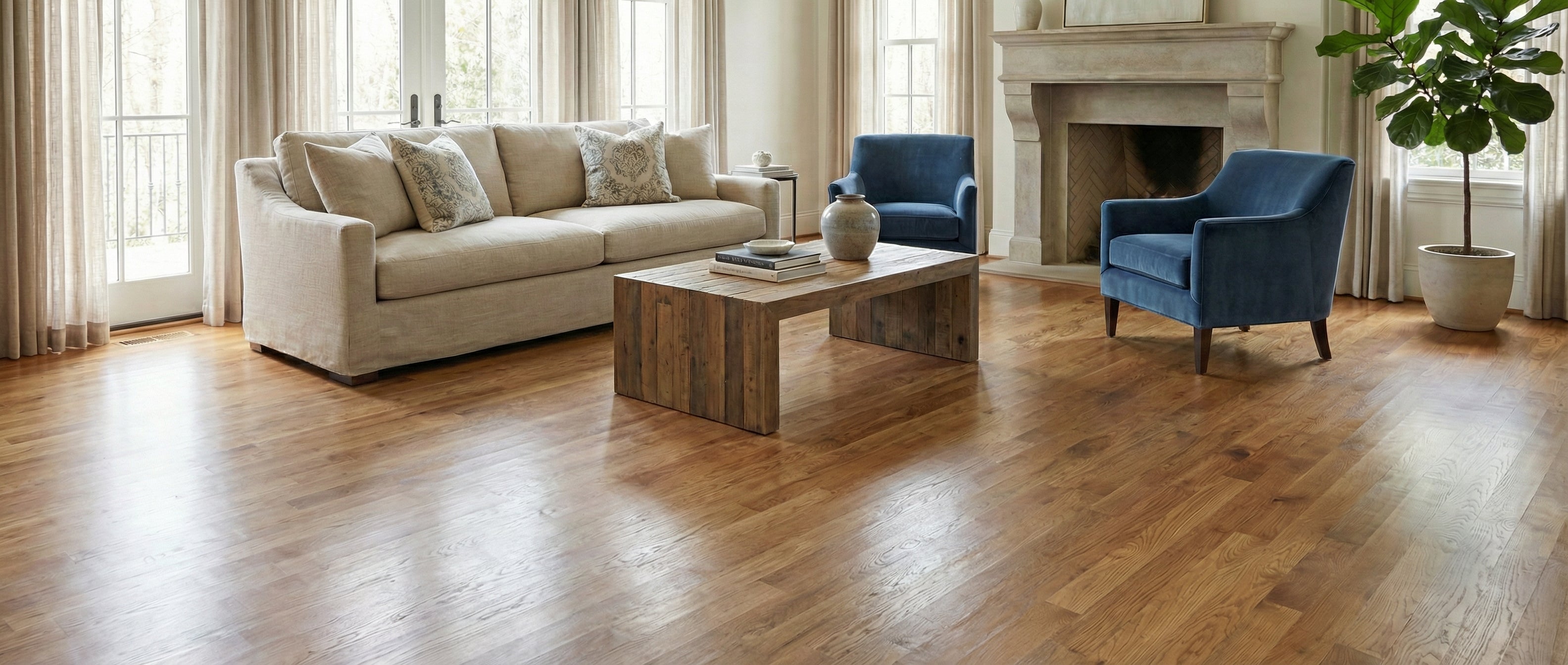 Pièce lumineuse avec plancher bois, canapé beige, fauteuils bleus. Espace vide pour un tapis rectangulaire. Ambiance