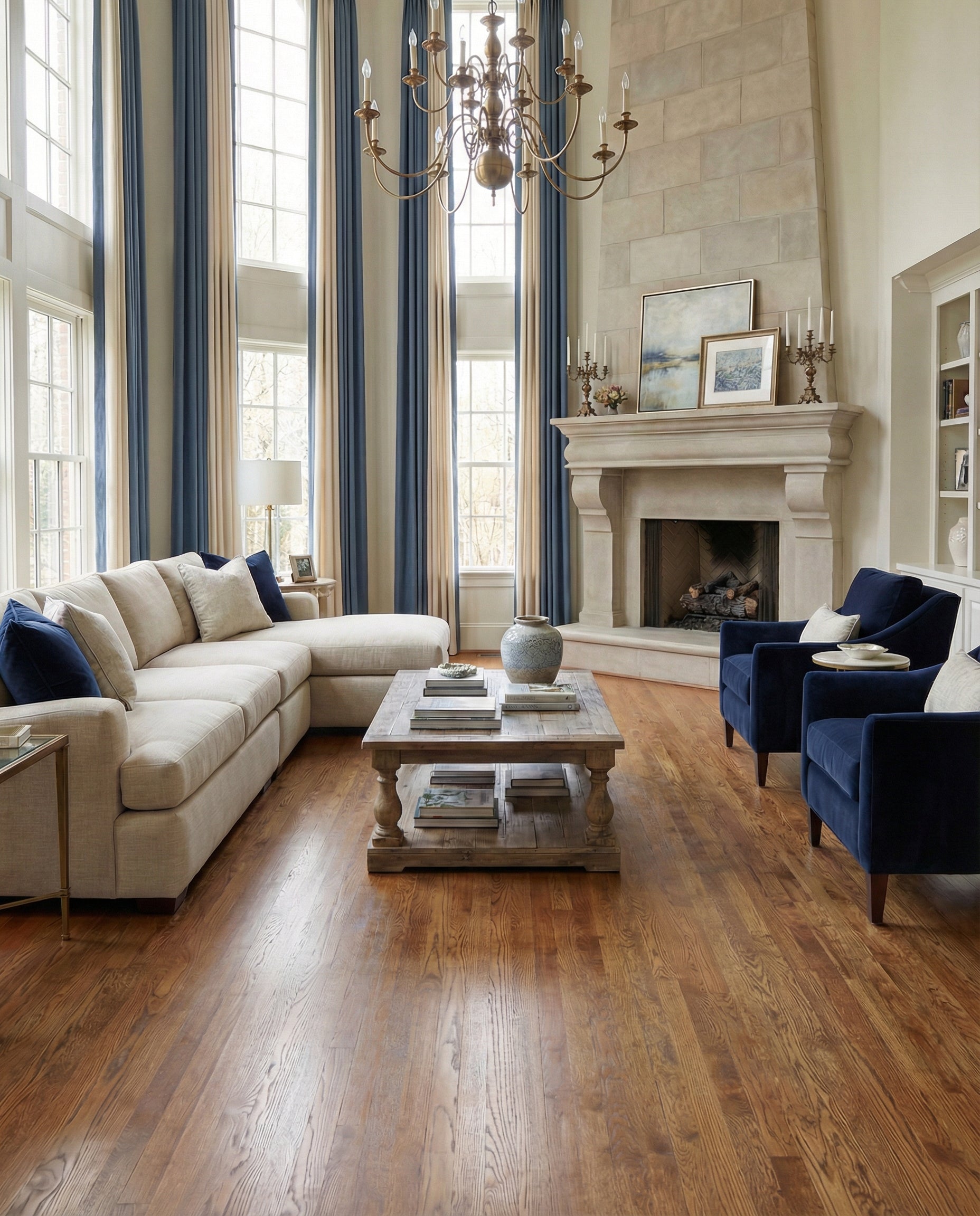 Pièce avec parquet, canapé clair, fauteuils bleus, cheminée. Rideaux bleus et beiges. Espace à transformer