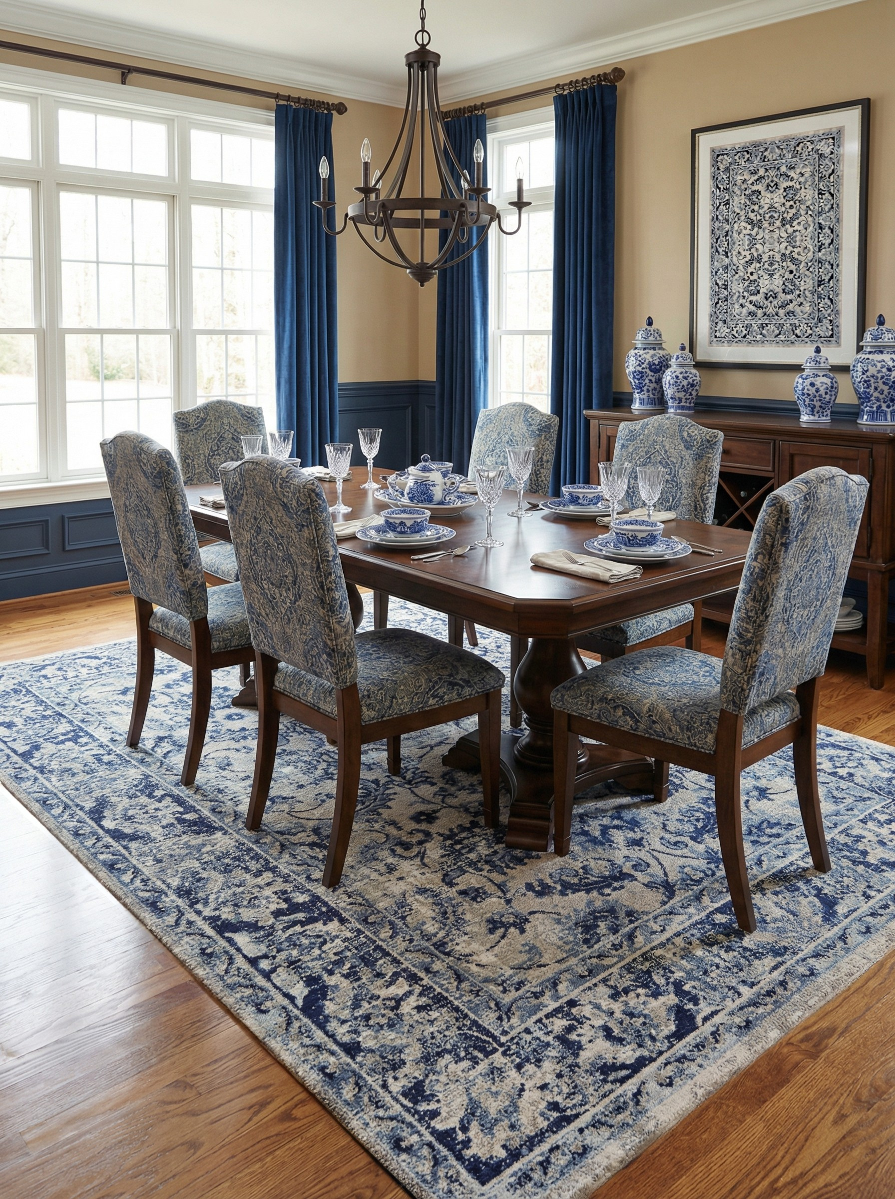 Tapis rectangulaire bleu définissant l'espace repas. Ambiance conviviale, motif floral