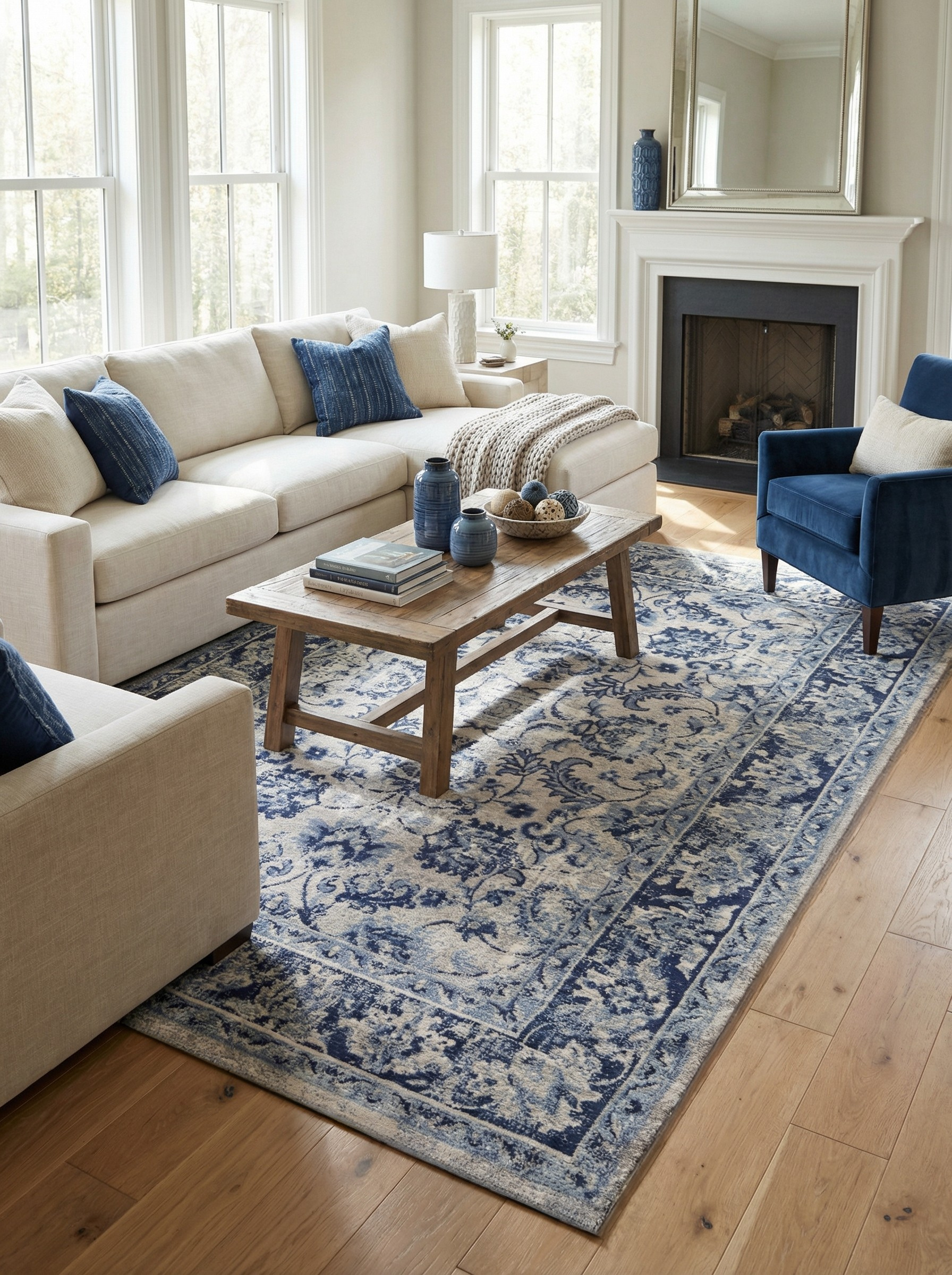 Tapis rectangulaire bleu et crème dans un salon clair, créant une ambiance apaisante, harmonieux avec le décor