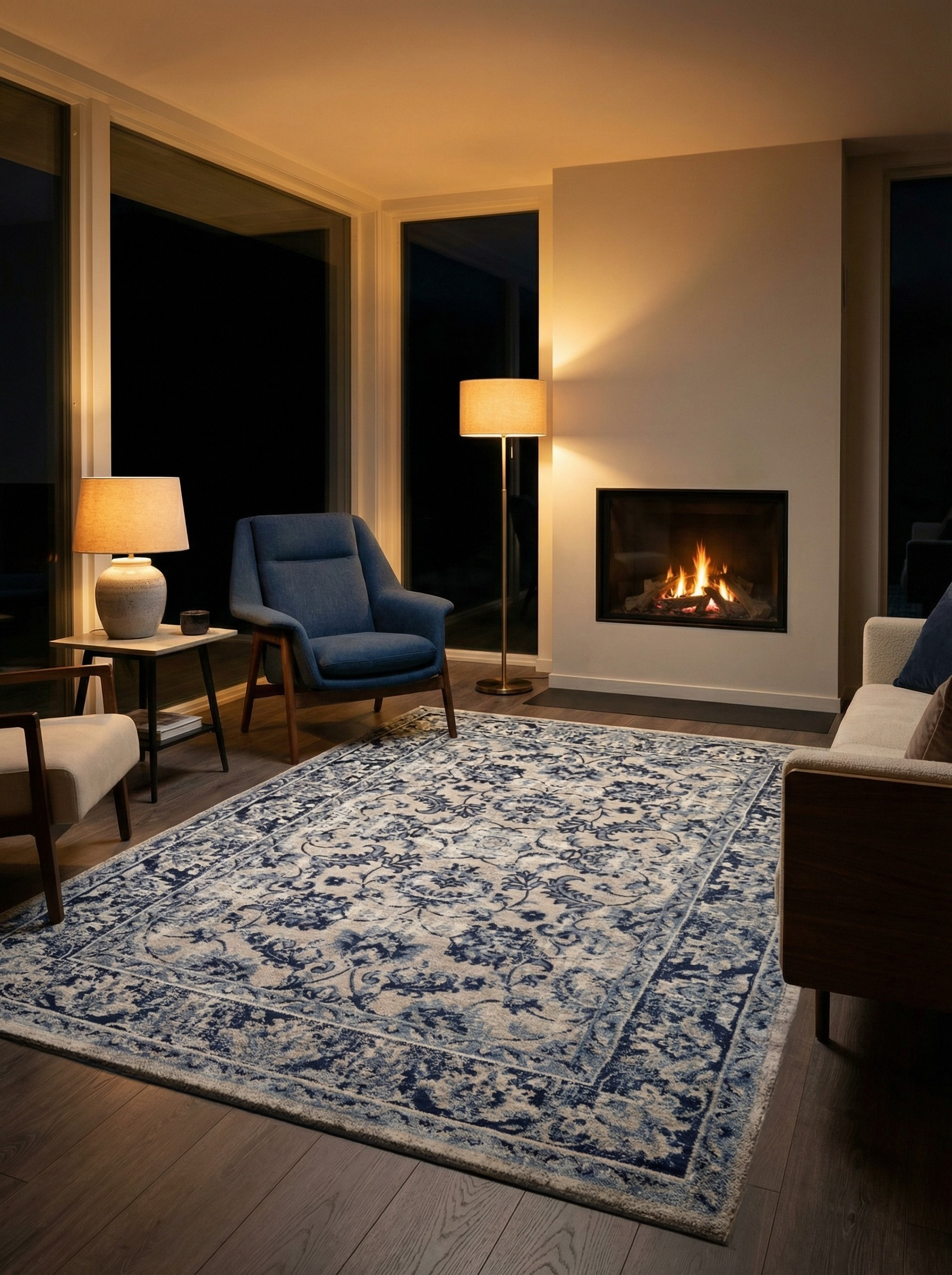 Tapis rectangulaire bleu et beige dans une pièce tamisée. Éclairage doux, ambiance chaleureuse