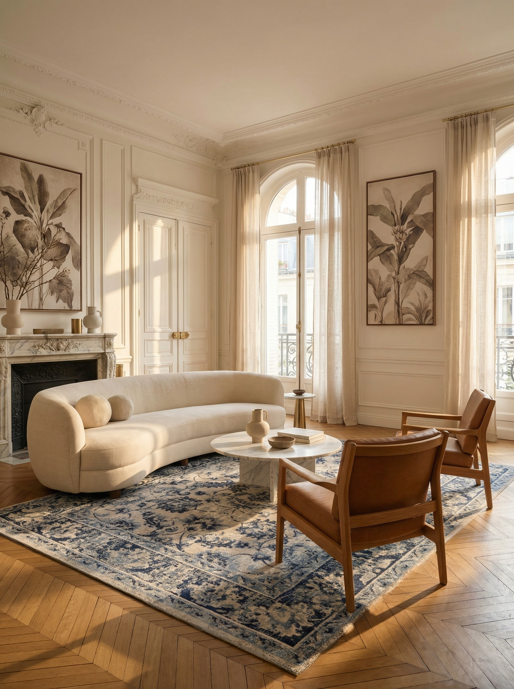 Tapis bleu élégant, ambiance conviviale dans un salon. Forme rectangulaire, motifs floraux