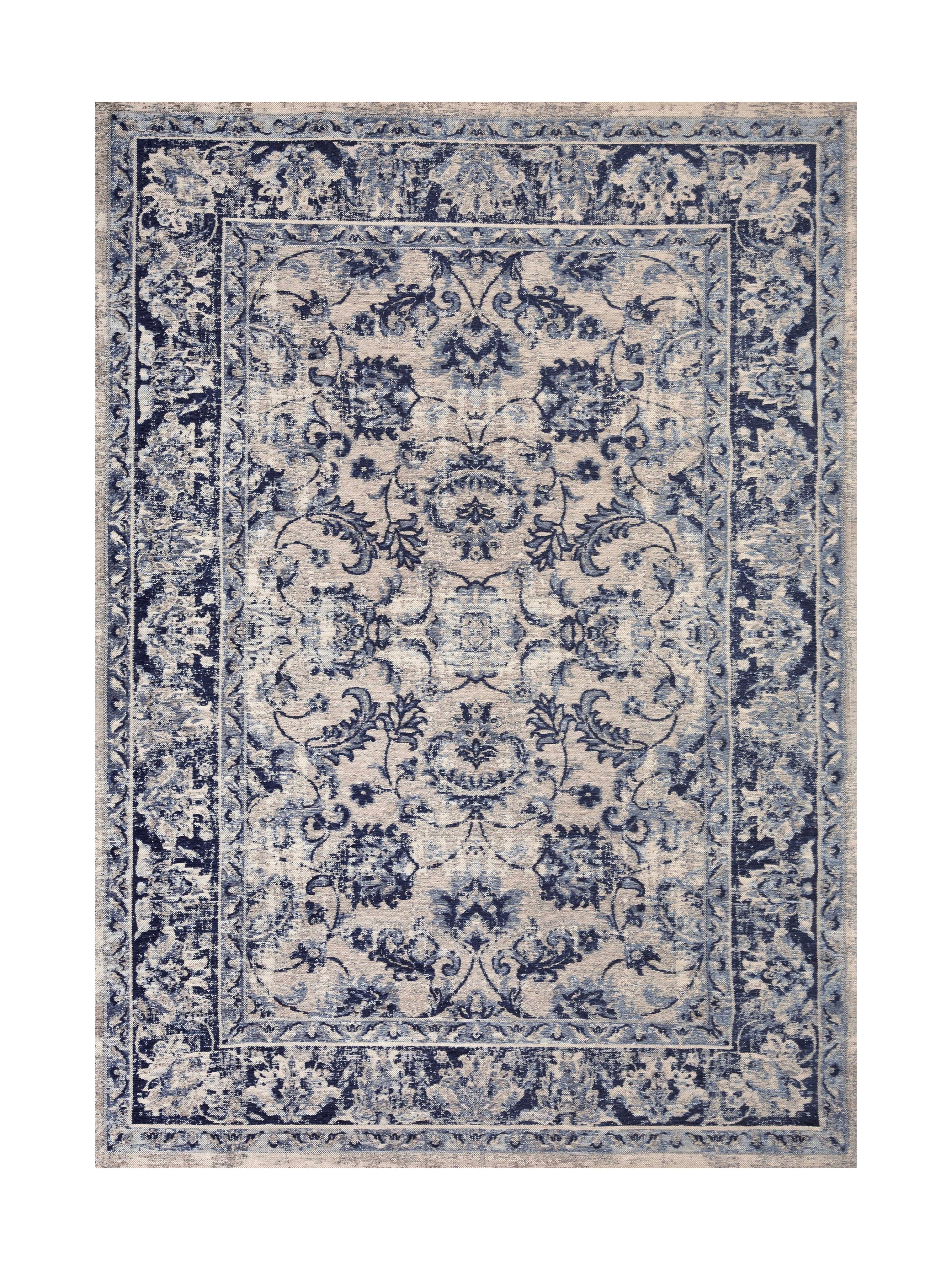 Tapis rectangulaire de style persan avec motif floral, couleurs bleu et beige pour une ambiance classique