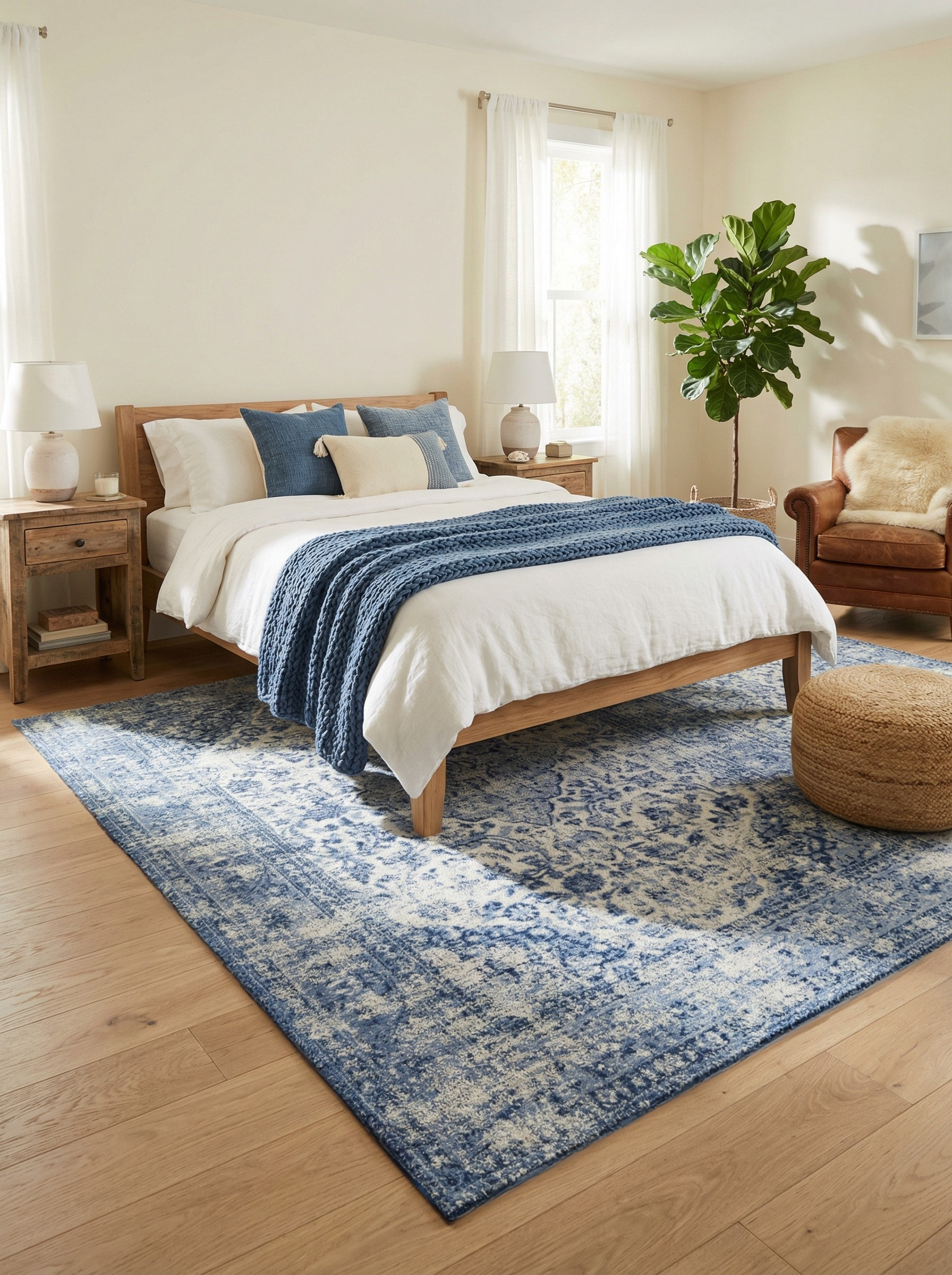 Tapis rectangulaire bleu et blanc, doux et confortable dans une chambre. Ambiance reposante, couleurs ambre