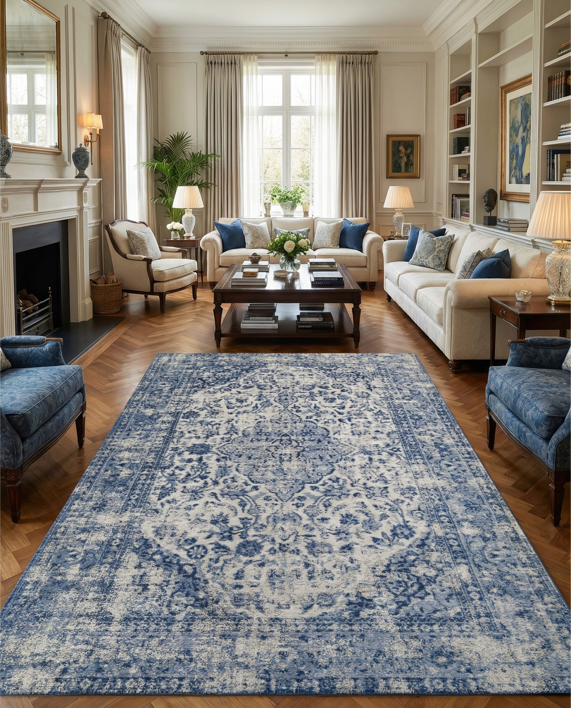 Tapis rectangulaire bleu et blanc dans une pièce élégante. Il ajoute de la couleur et crée une ambiance accueillante