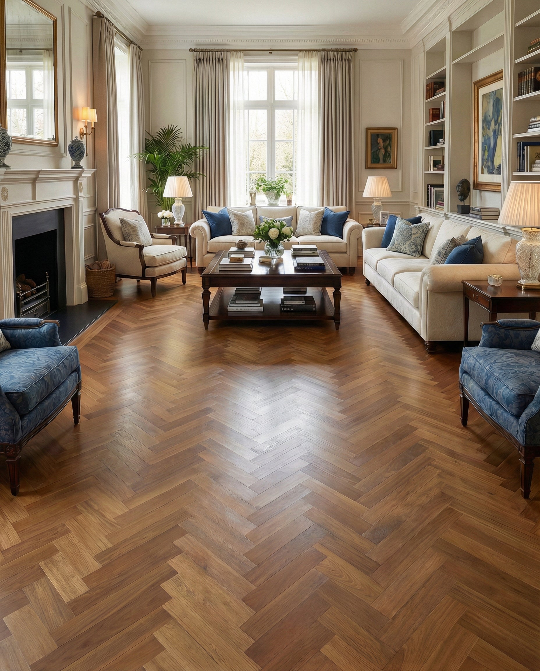 Pièce lumineuse avec parquet en chevrons. Canapés et fauteuils bleus. Ambiance classique. Espace à transformer