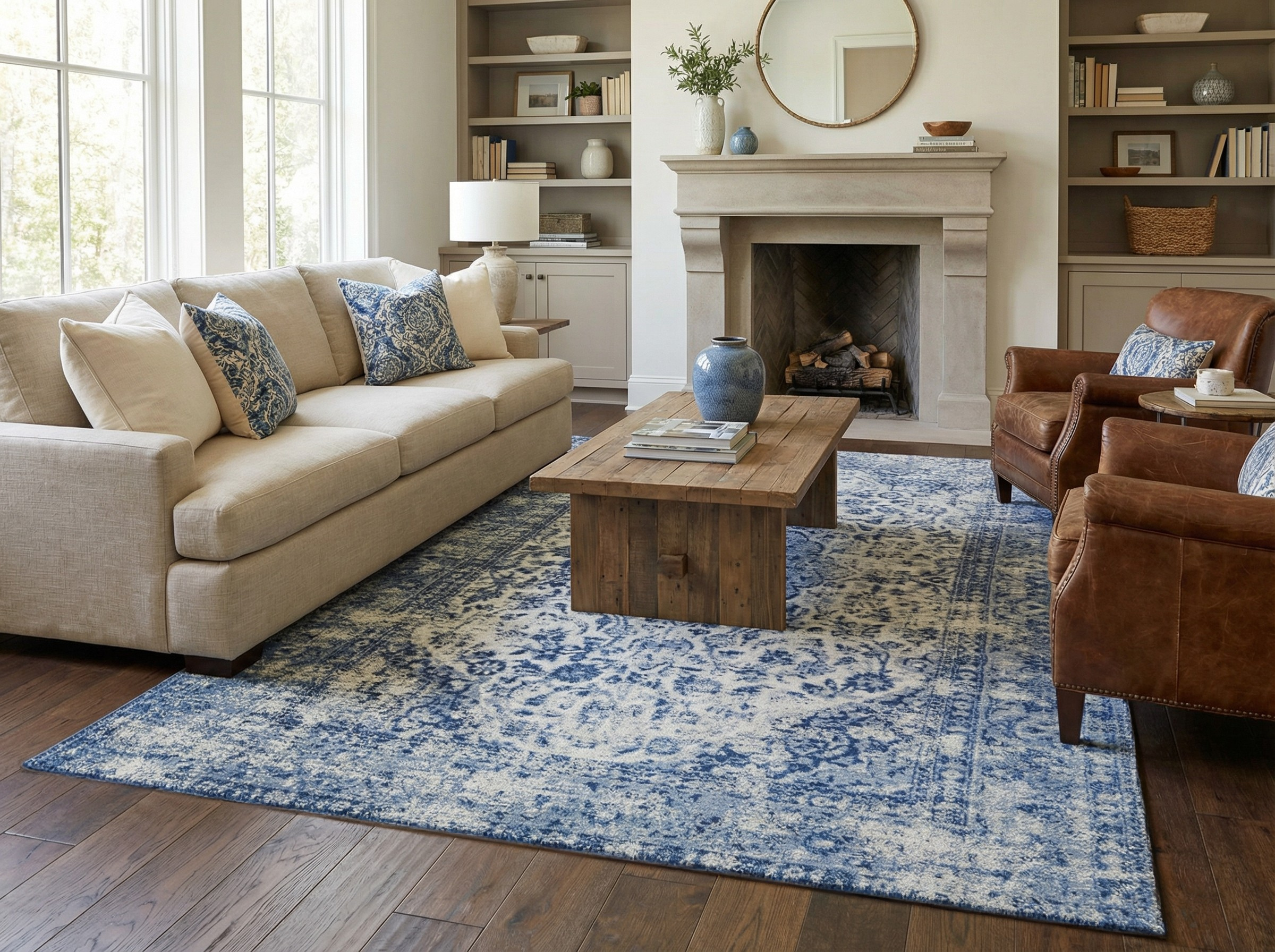 Tapis rectangulaire bleu et blanc dans un salon. Style déco classique, ambiance chaleureuse et accueillante