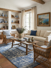 Tapis bleu rectangulaire dans un salon. Ambiance chaleureuse et harmonie avec le décor champêtre