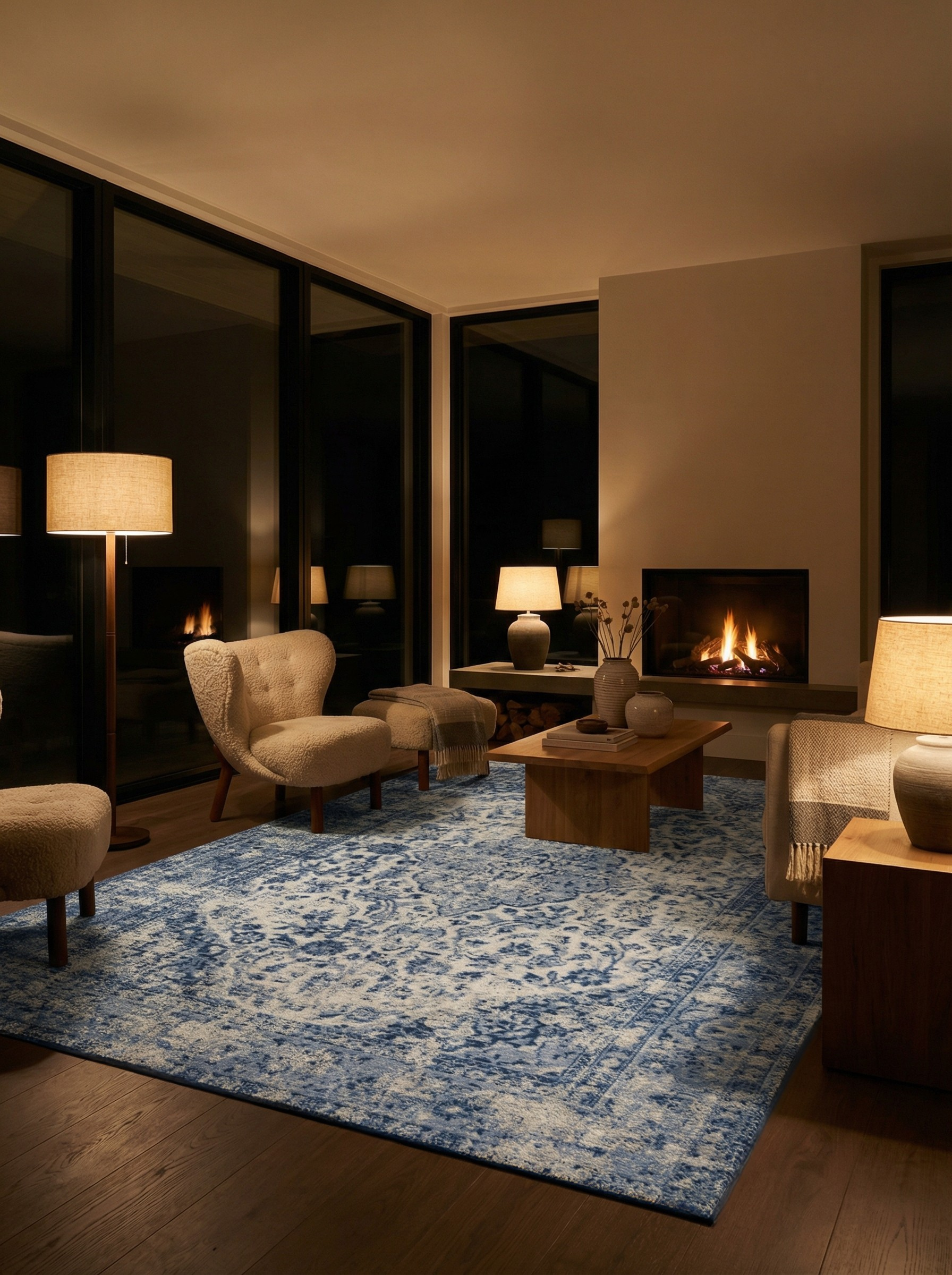 Tapis rectangulaire bleu dans une pièce à l'éclairage doux, ambiance chaleureuse