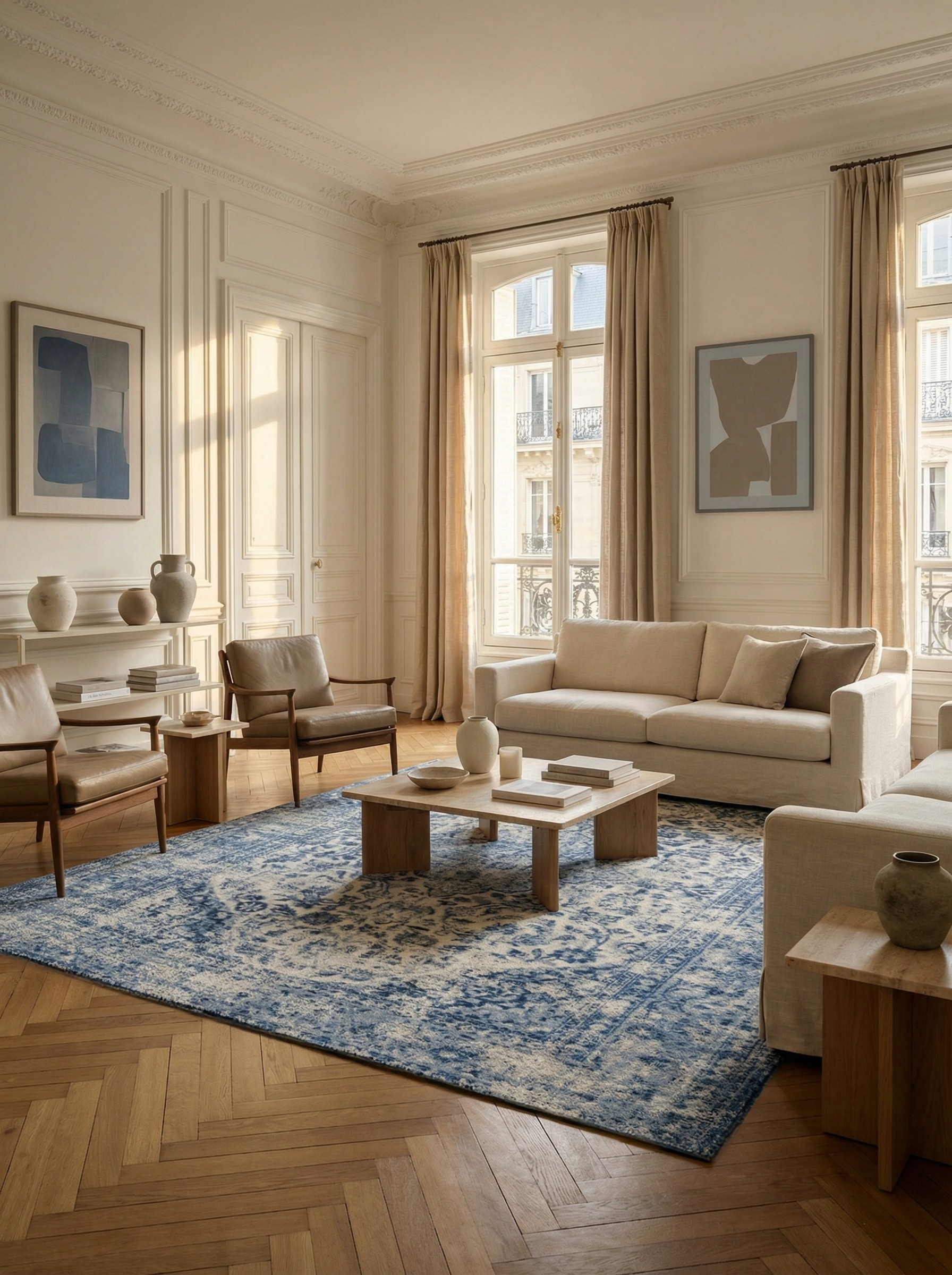 Tapis bleu rectangulaire, ambiance élégante et conviviale dans un salon