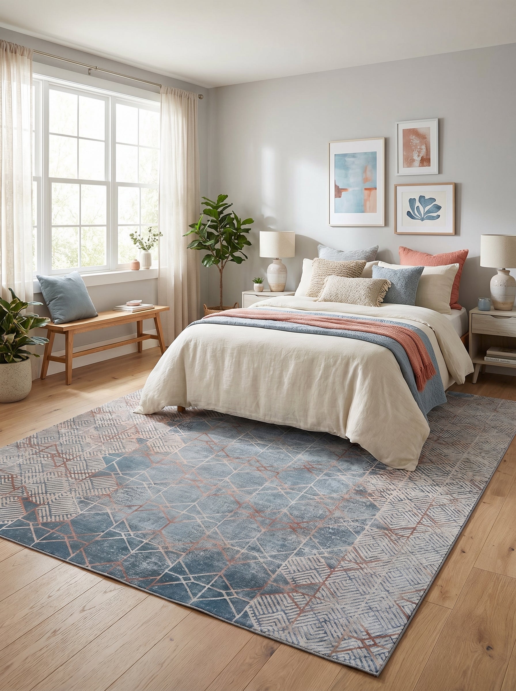 Tapis rectangulaire délavé aux motifs géométriques bleus, beiges et terracotta, composé de lignes abstraites et de zigzags réguliers, dans une chambre lumineuse