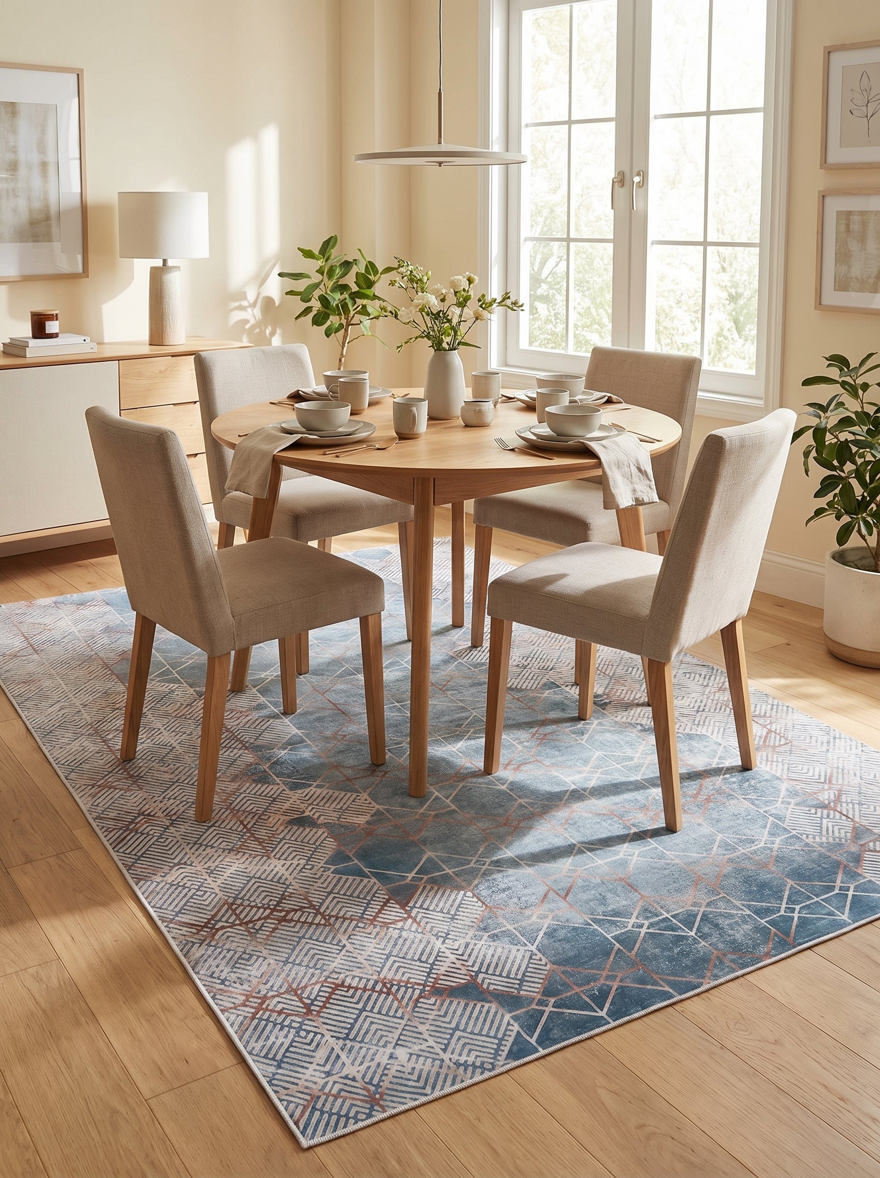 Grand tapis rectangulaire aux teintes de bleu changeantes, parsemé de motifs géométriques cuivrés et de frises linéaires crème, dans un espace repas lumineux