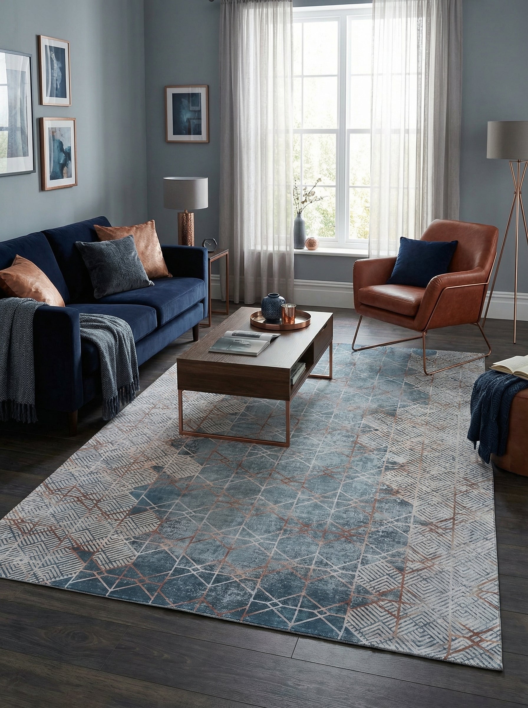 Tapis rectangulaire aux motifs géométriques bleus, gris et cuivrés, posé sur un parquet foncé dans un salon moderne