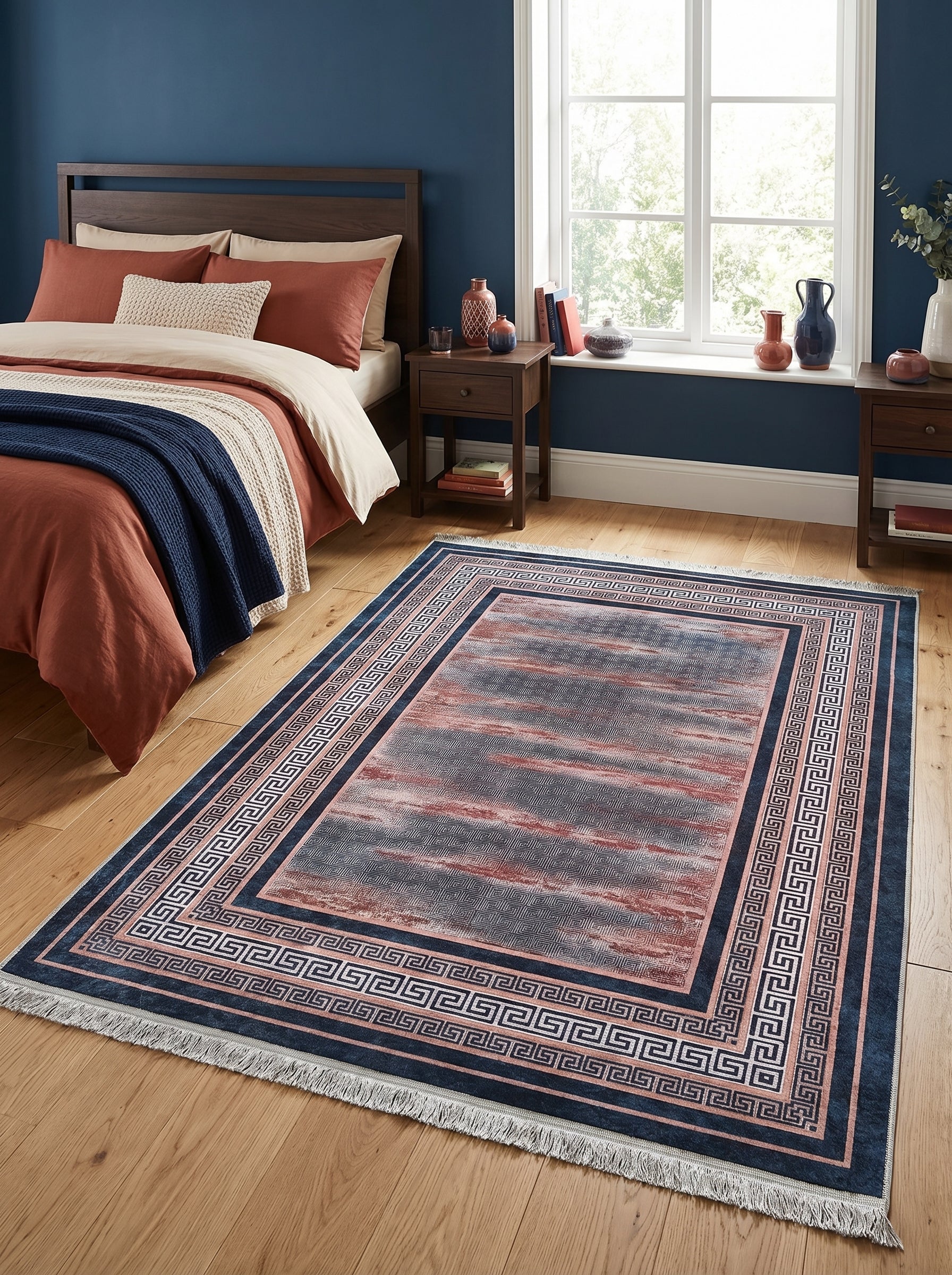 Tapis rectangulaire bleu marine à motif abstrait central rouille et gris, bordure à frise géométrique grecque, franges claires, dans une chambre