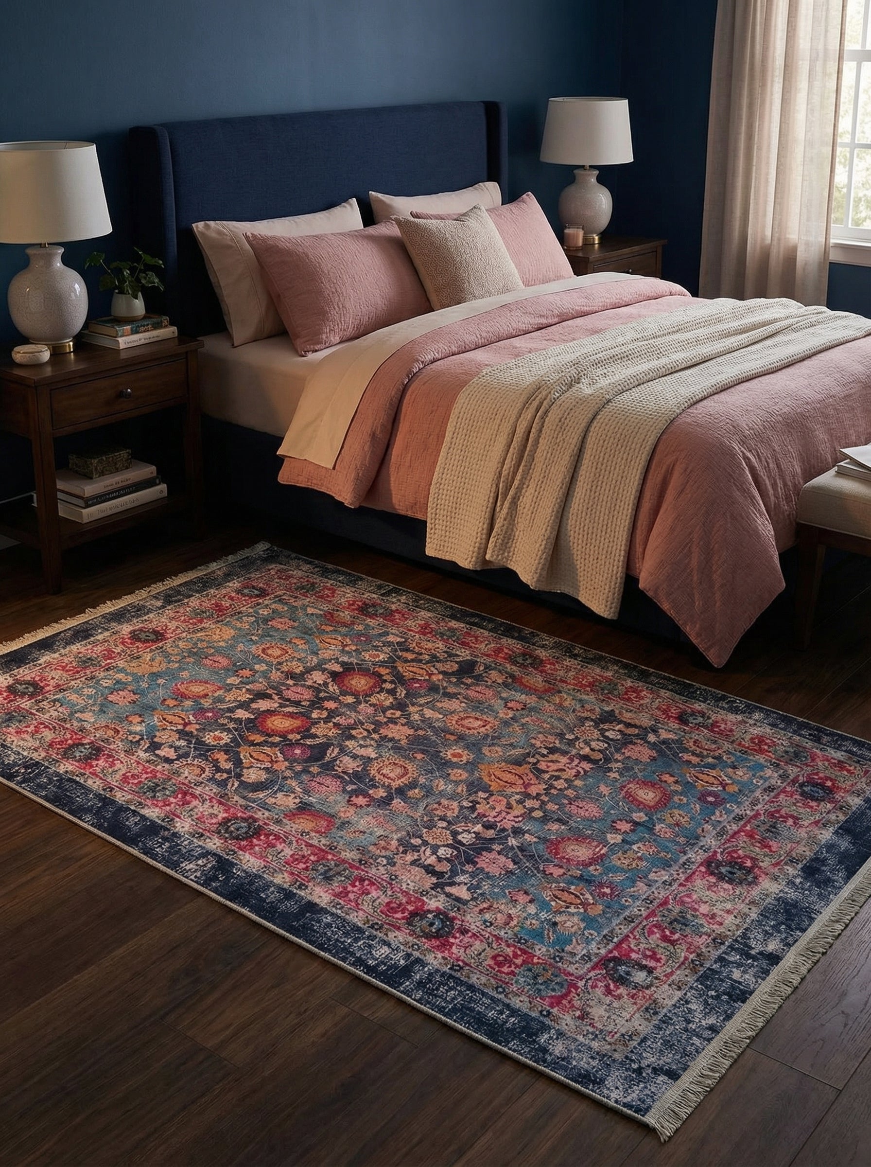 Tapis rectangulaire à l'aspect vieilli, orné de motifs floraux riches en bleu marine, fuchsia, teal et orange, sur un parquet de chambre
