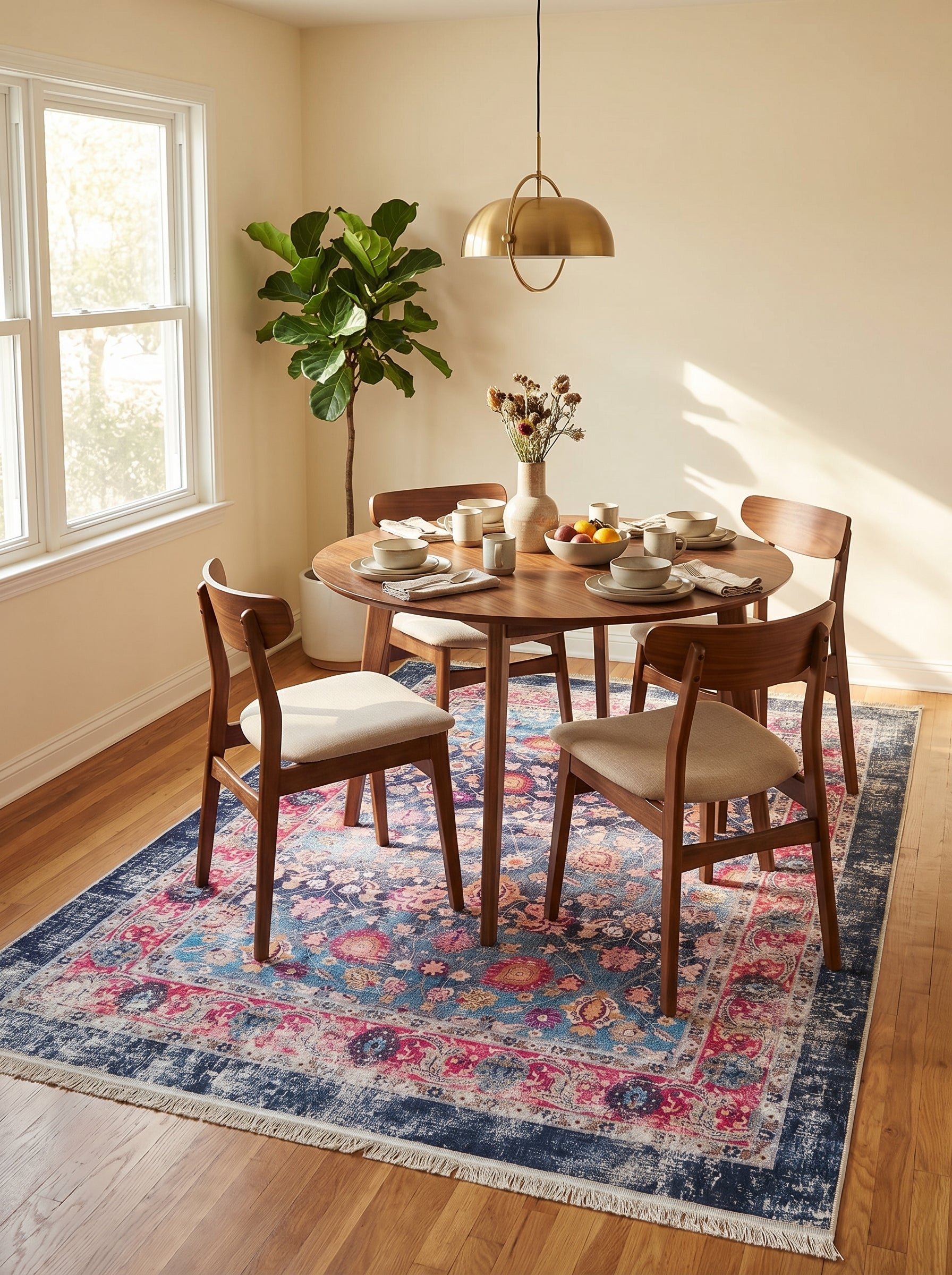 Tapis rectangulaire à motifs floraux persans esprit vieilli, bleu sarcelle, rose fuchsia et crème avec des bordures bleu marine, dans une salle à manger
