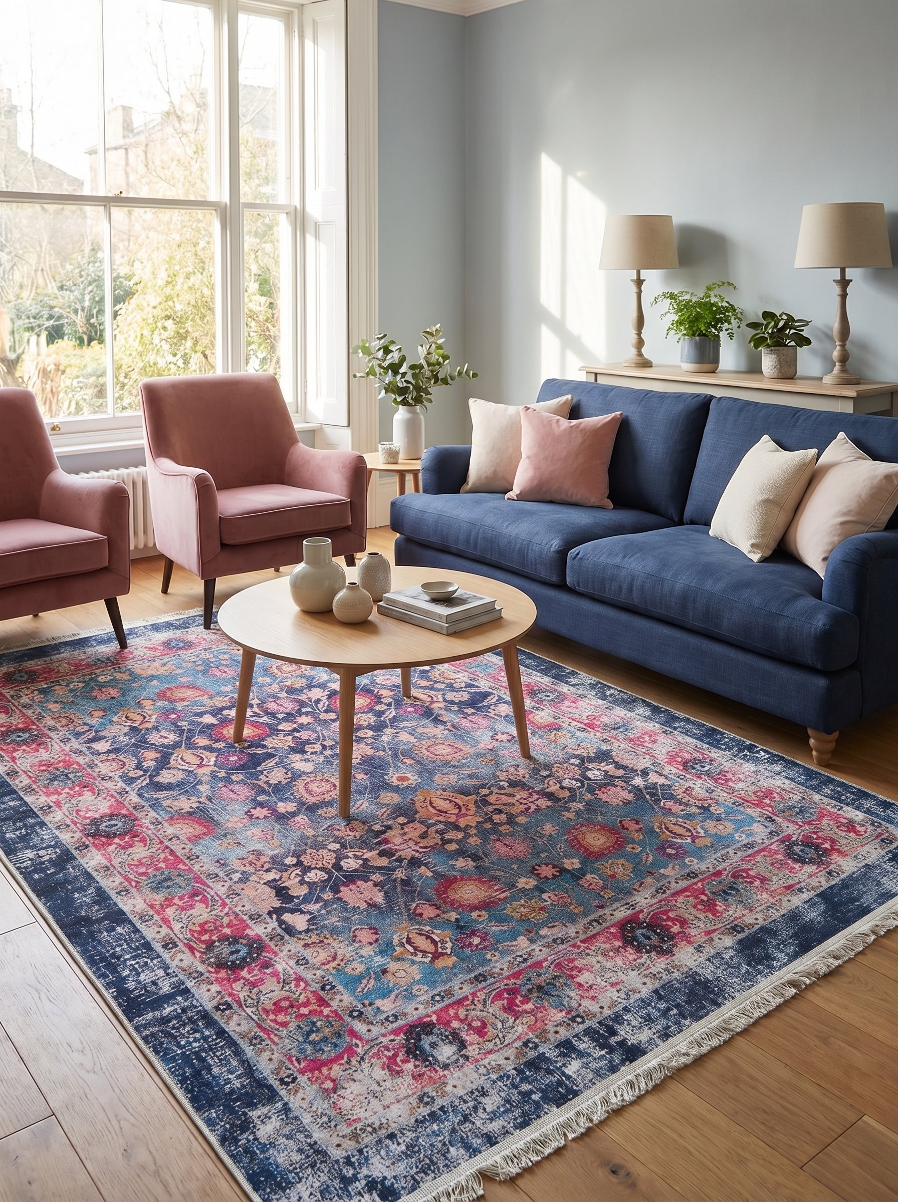 Tapis rectangulaire à motifs floraux orientaux bleu marine, turquoise et rose vif avec un aspect vieilli, sur un parquet de salon