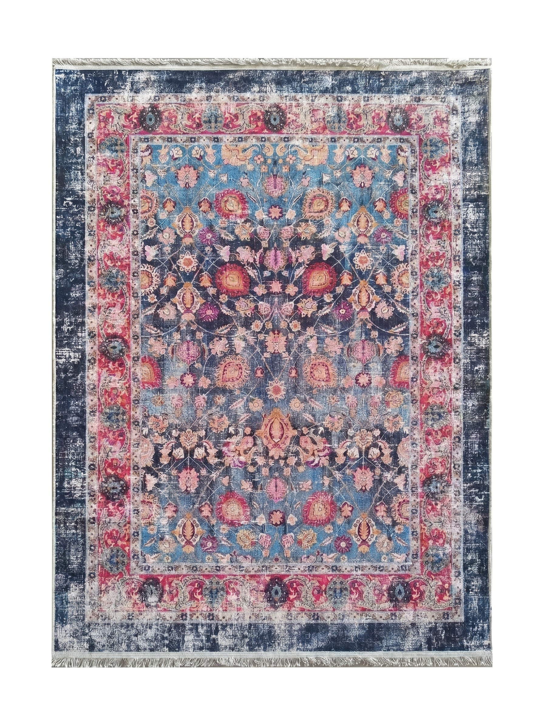 Tapis rectangulaire à motifs floraux et médaillons bleus, roses, et rouges avec un effet vieilli et des franges